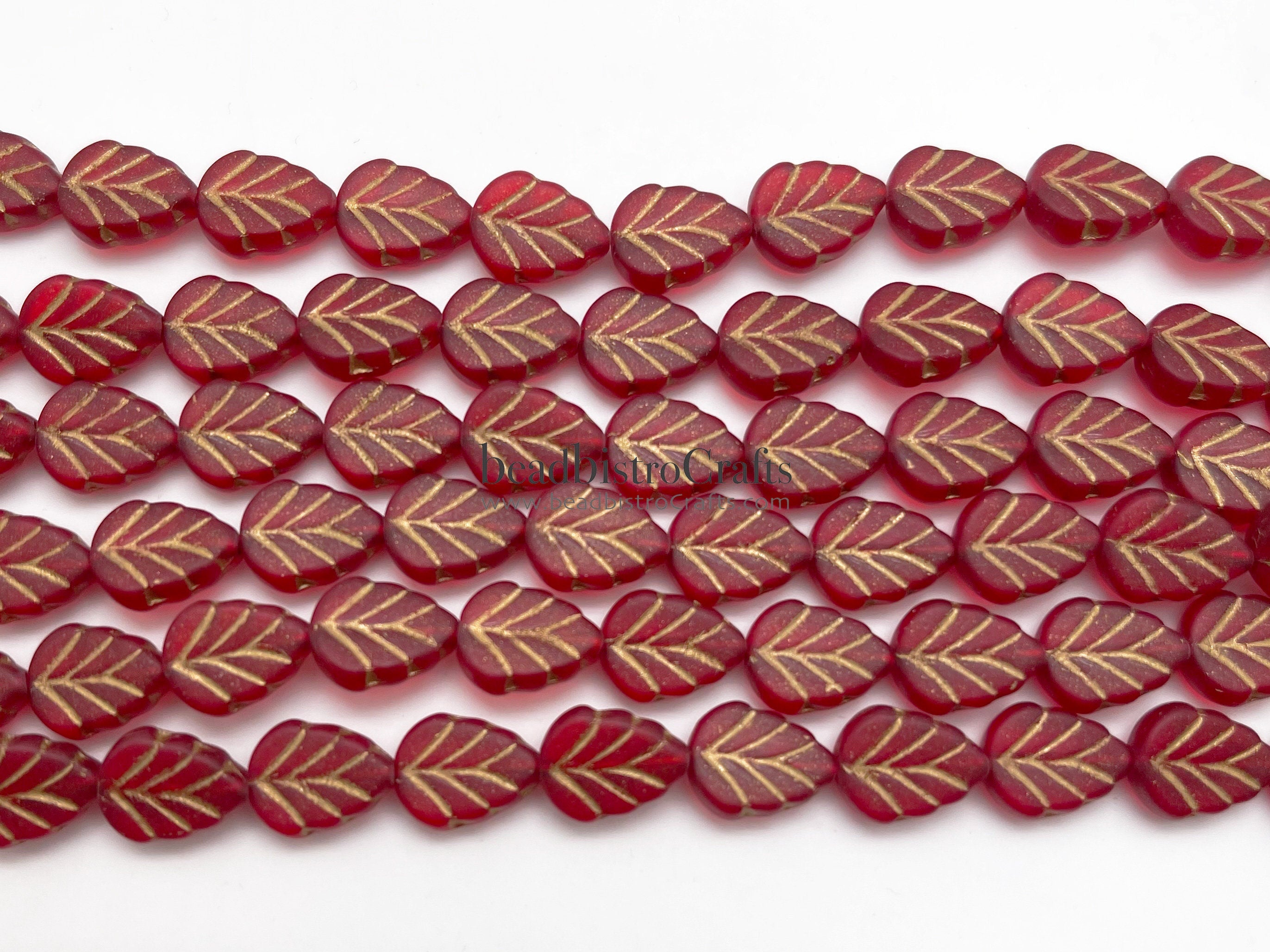 16pcs Leaf beads - Pressed Czech glass Mint Leaves - FROSTED Transparent Red GOLD WASH - 10x8mm