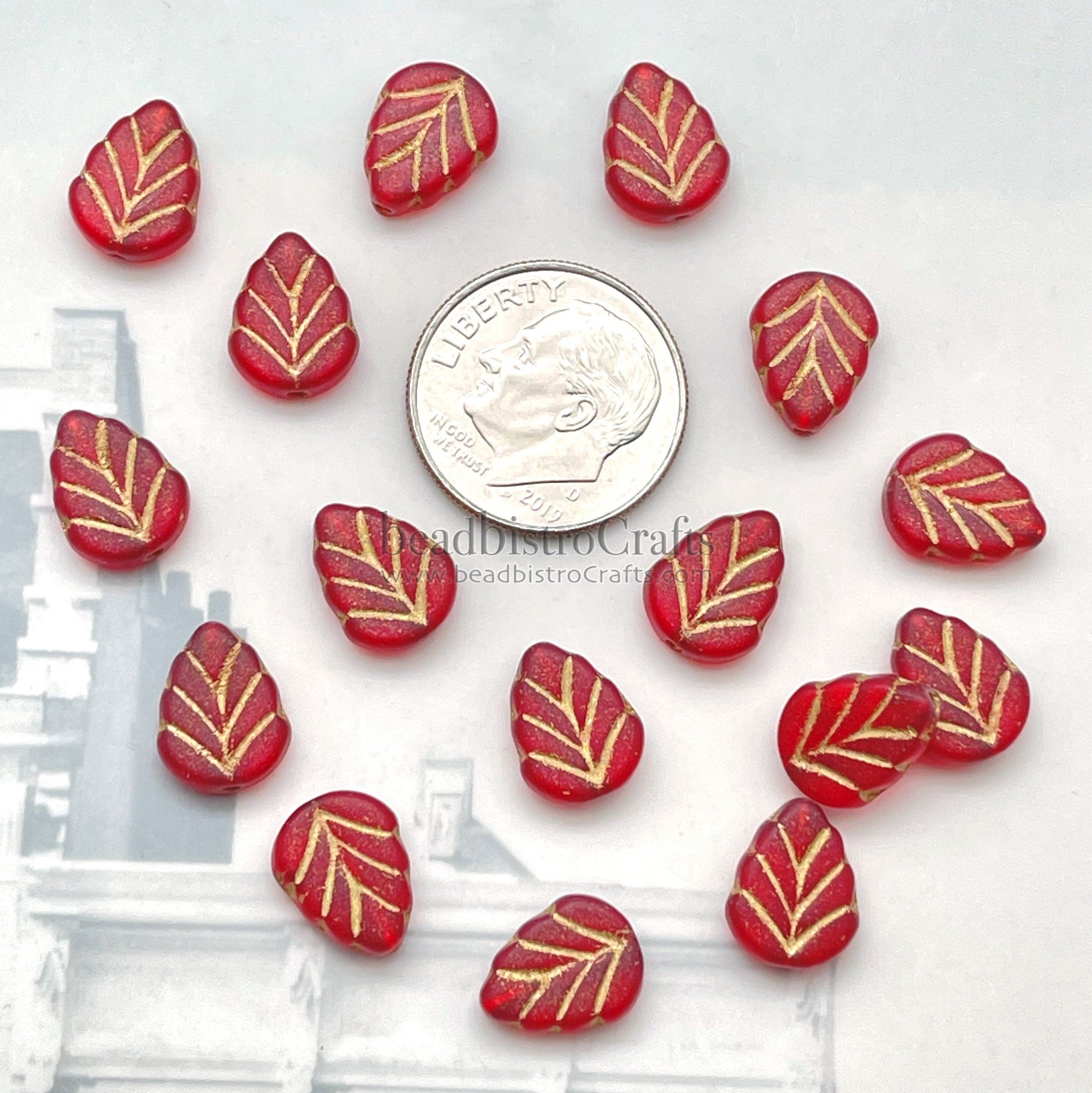 16pcs Leaf beads - Pressed Czech glass Mint Leaves - FROSTED Transparent Red GOLD WASH - 10x8mm