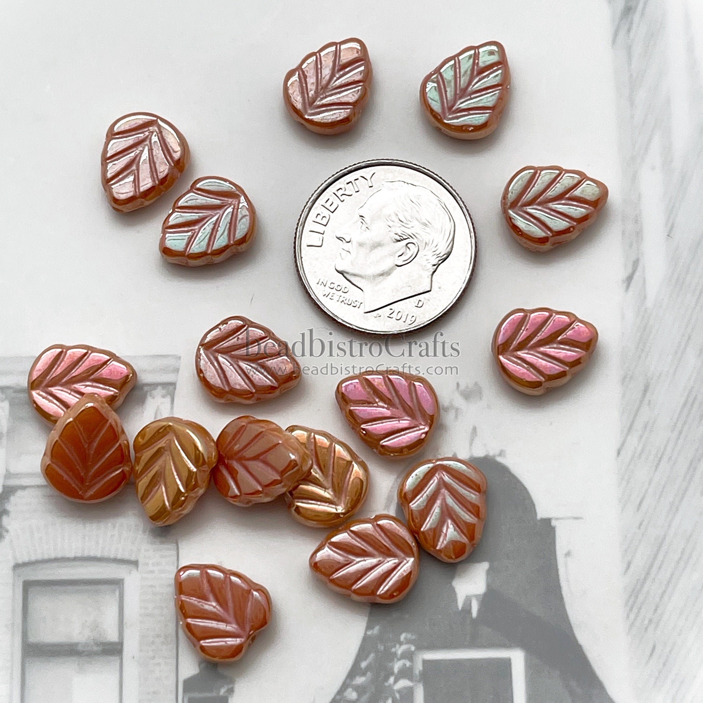 16pcs Leaf beads - Pressed Czech glass Mint Leaves - FULL APRICOT - 10x8mm