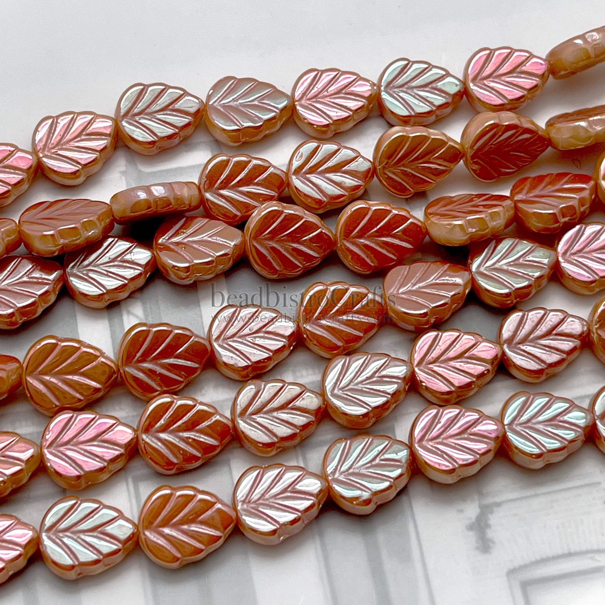 16pcs Leaf beads - Pressed Czech glass Mint Leaves - FULL APRICOT - 10x8mm