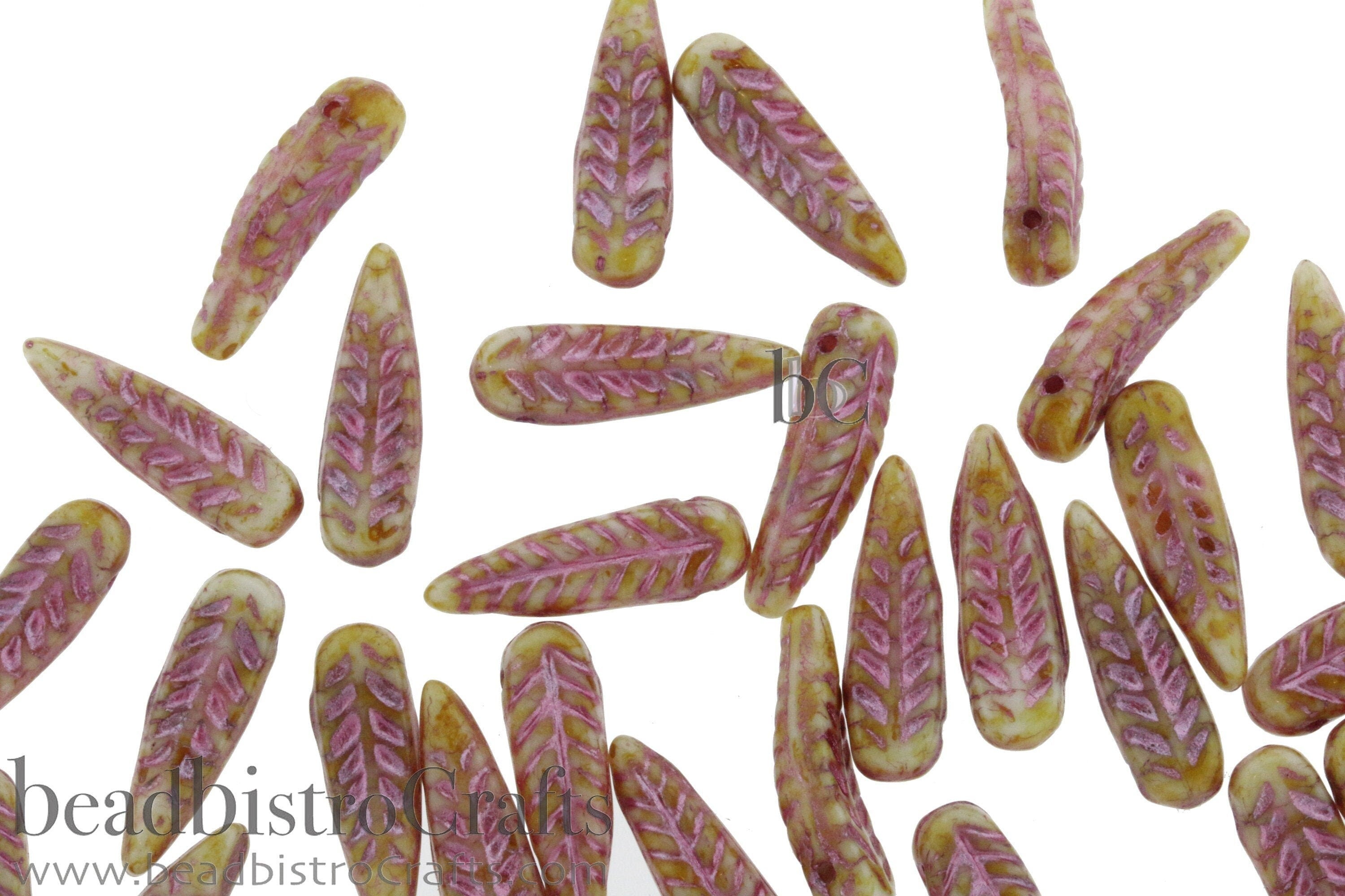 Czech Glass Bird Feather beads - 16 or 48pcs - Alabaster TRAVERTINE Metallic PINK Wash - 5x17mm - Czech glass Feather Daggers