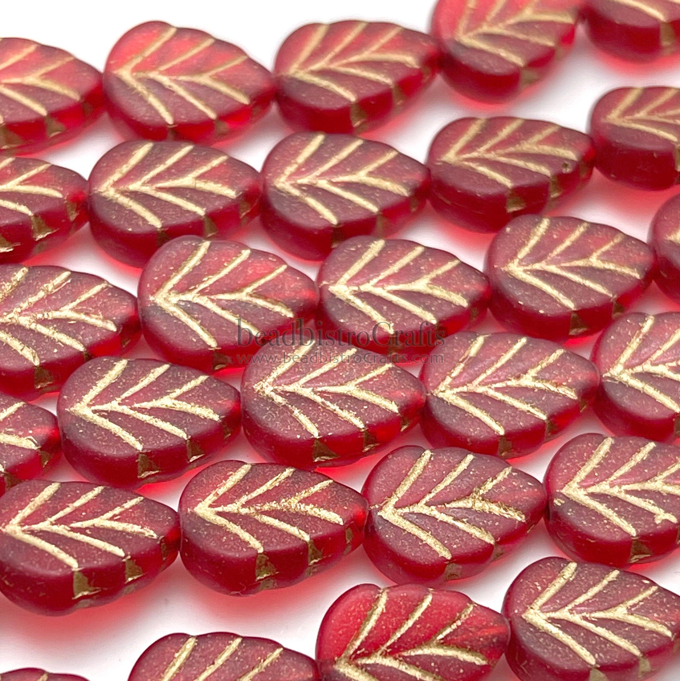 16pcs Leaf beads - Pressed Czech glass Mint Leaves - FROSTED Transparent Red GOLD WASH - 10x8mm