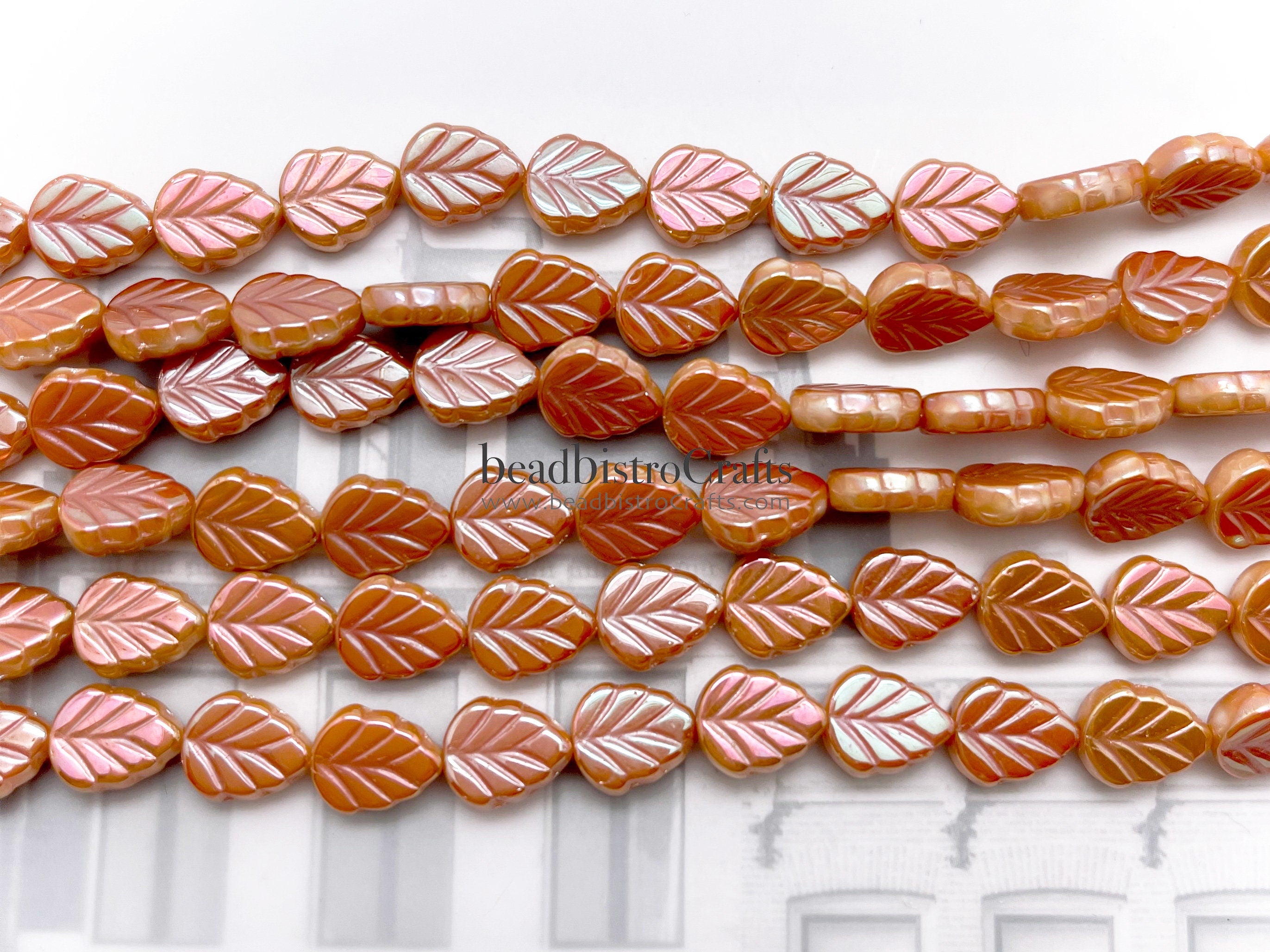 16pcs Leaf beads - Pressed Czech glass Mint Leaves - FULL APRICOT - 10x8mm