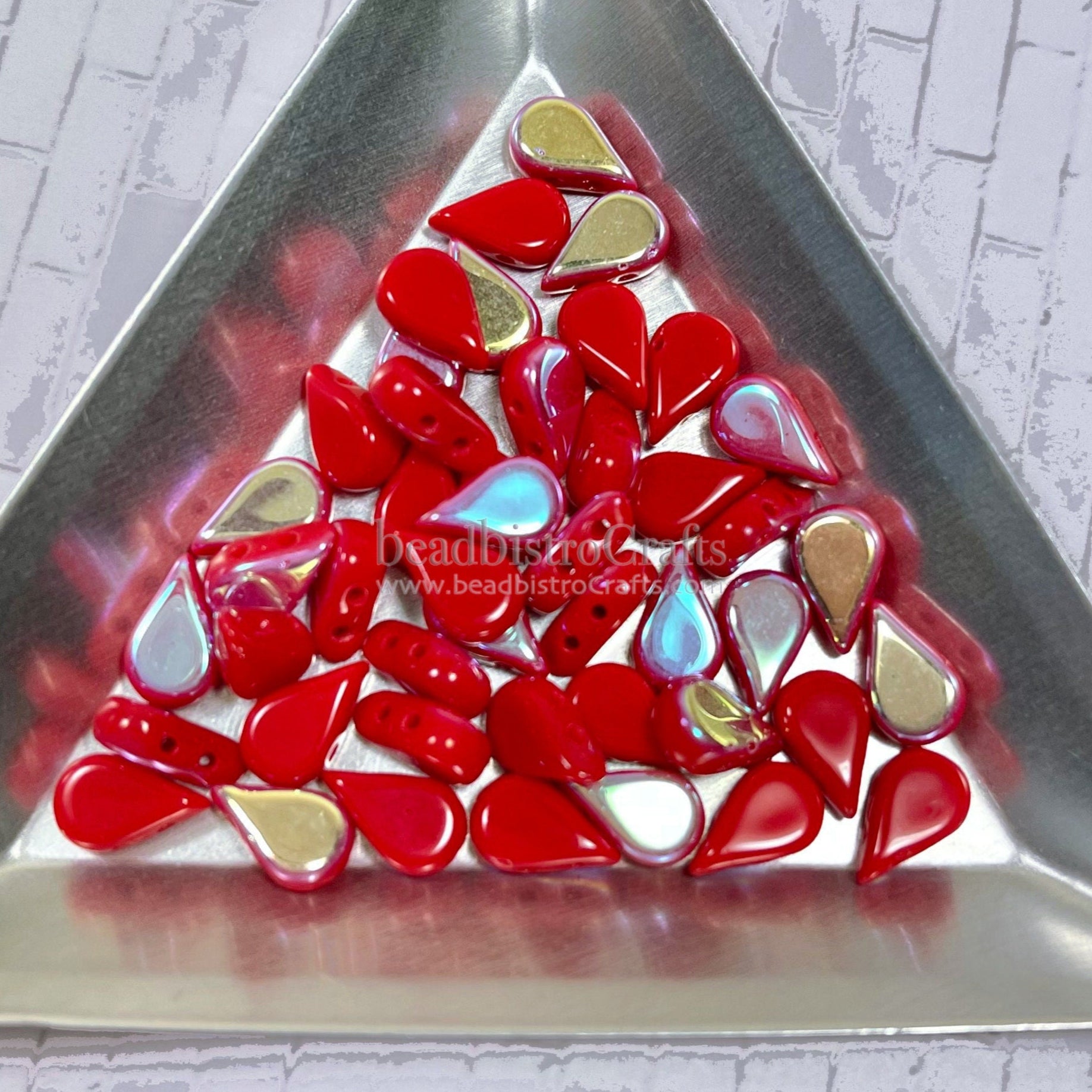 30pcs Czech AMOS® Par Puca® beads - 2 hole beads - Opaque Coral Red AB- 5x8mm - drop beads