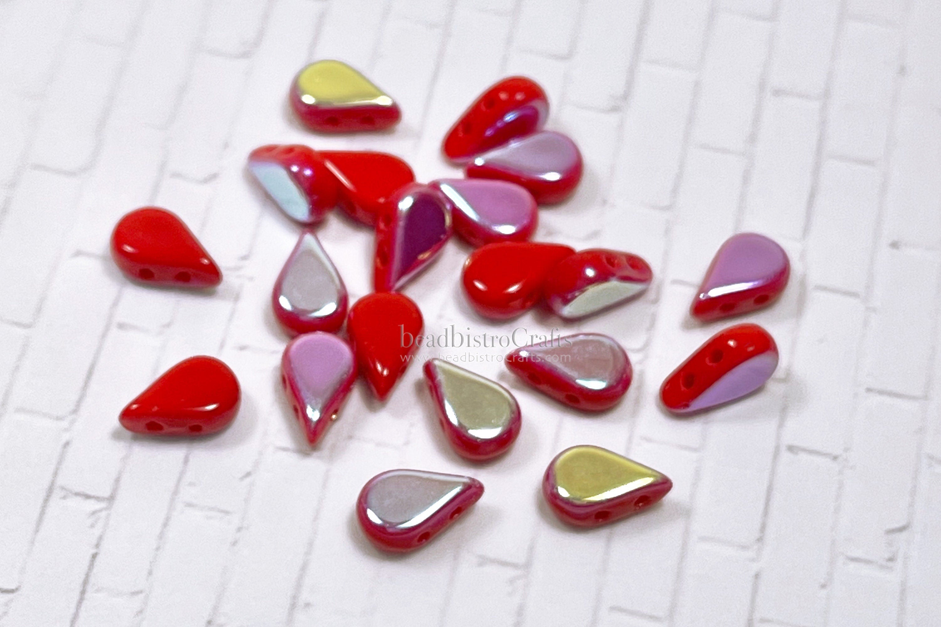 30pcs Czech AMOS® Par Puca® beads - 2 hole beads - Opaque Coral Red AB- 5x8mm - drop beads