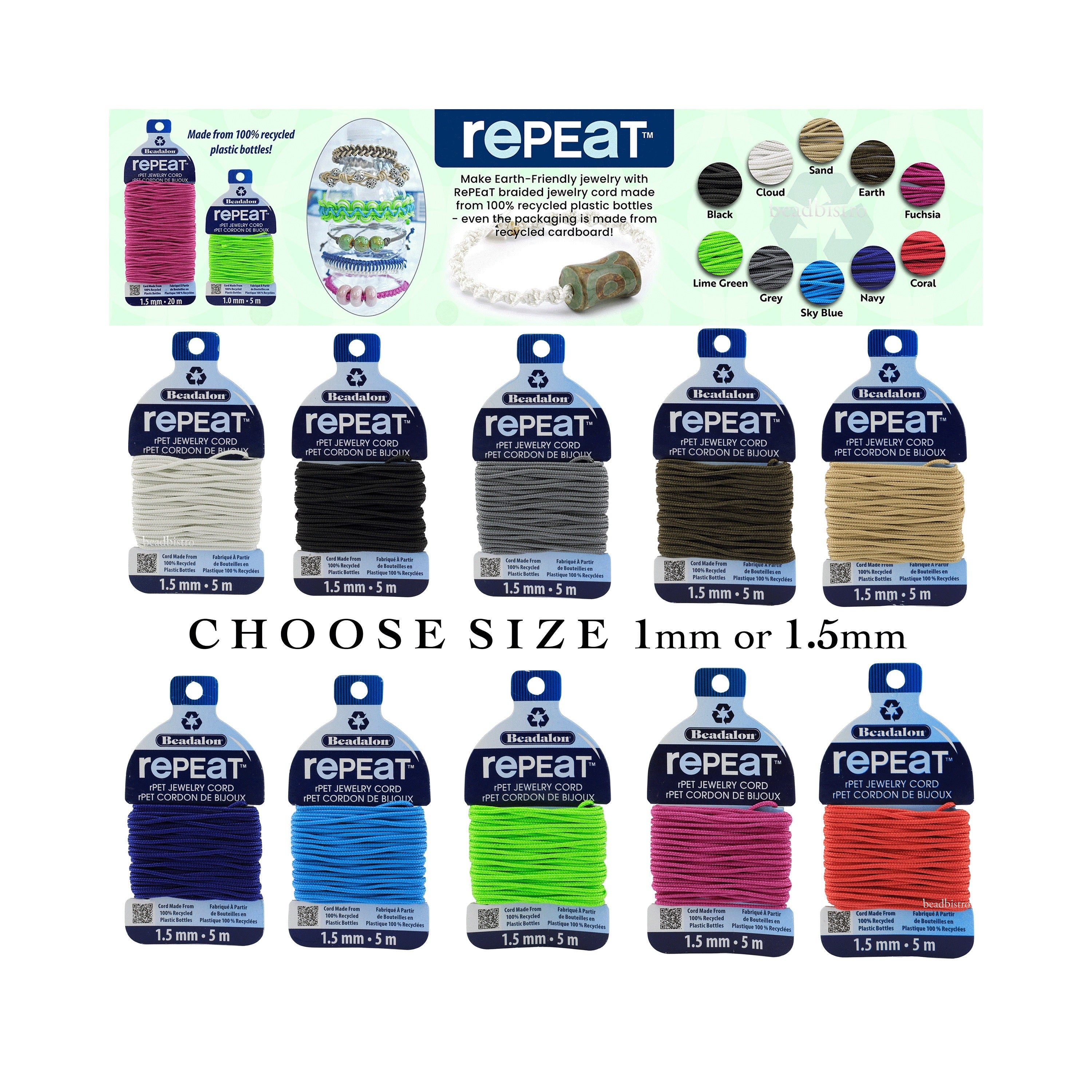 Beadalon RePEaT NAVY BLUE 1.0mm, 100% Recycled PET Braided Jewelry Cord, Beading Cord