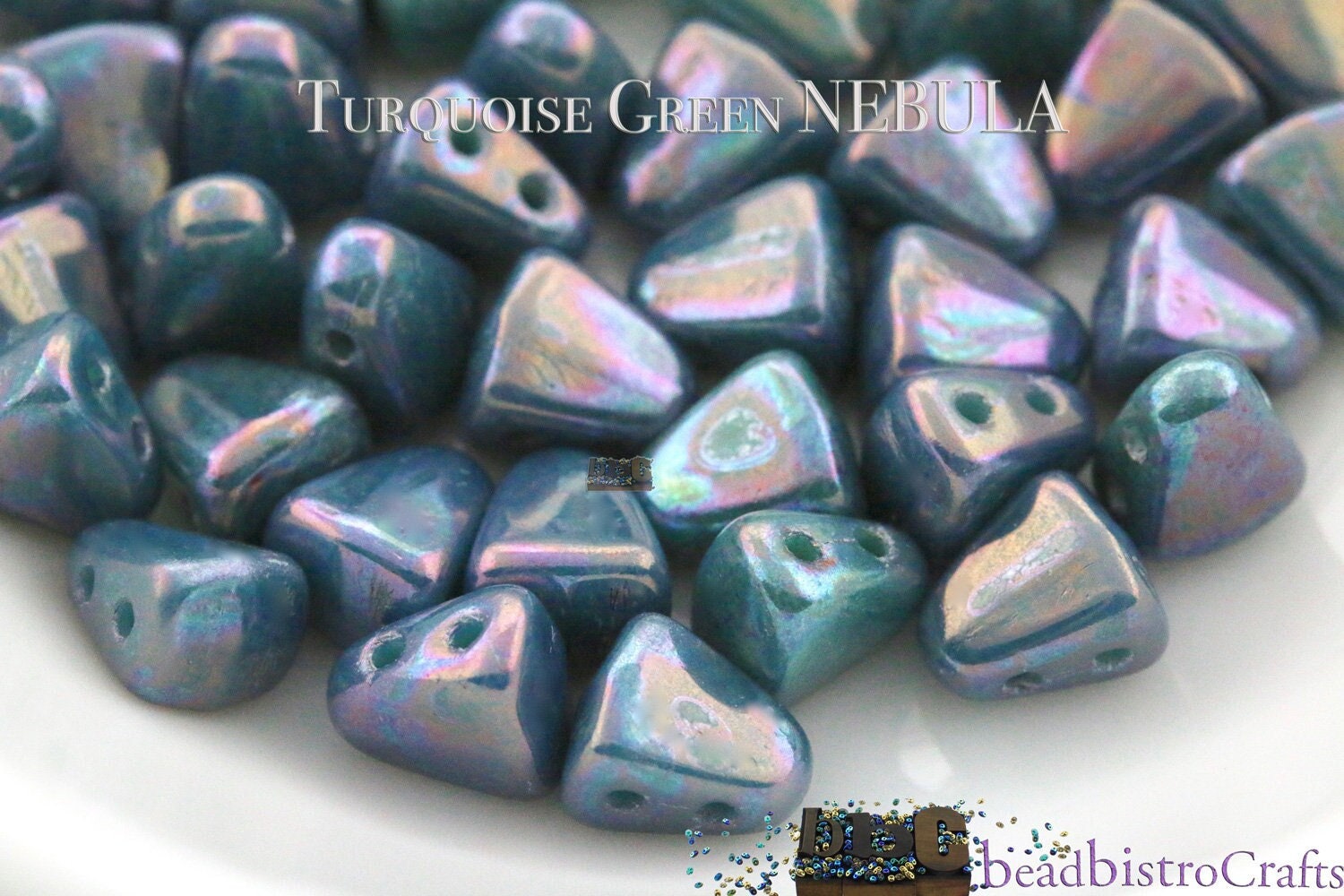 50pcs Czech NIB-BIT beads - new 2 hole Nib Bit - Turquoise Green NEBULA - 6x5mm