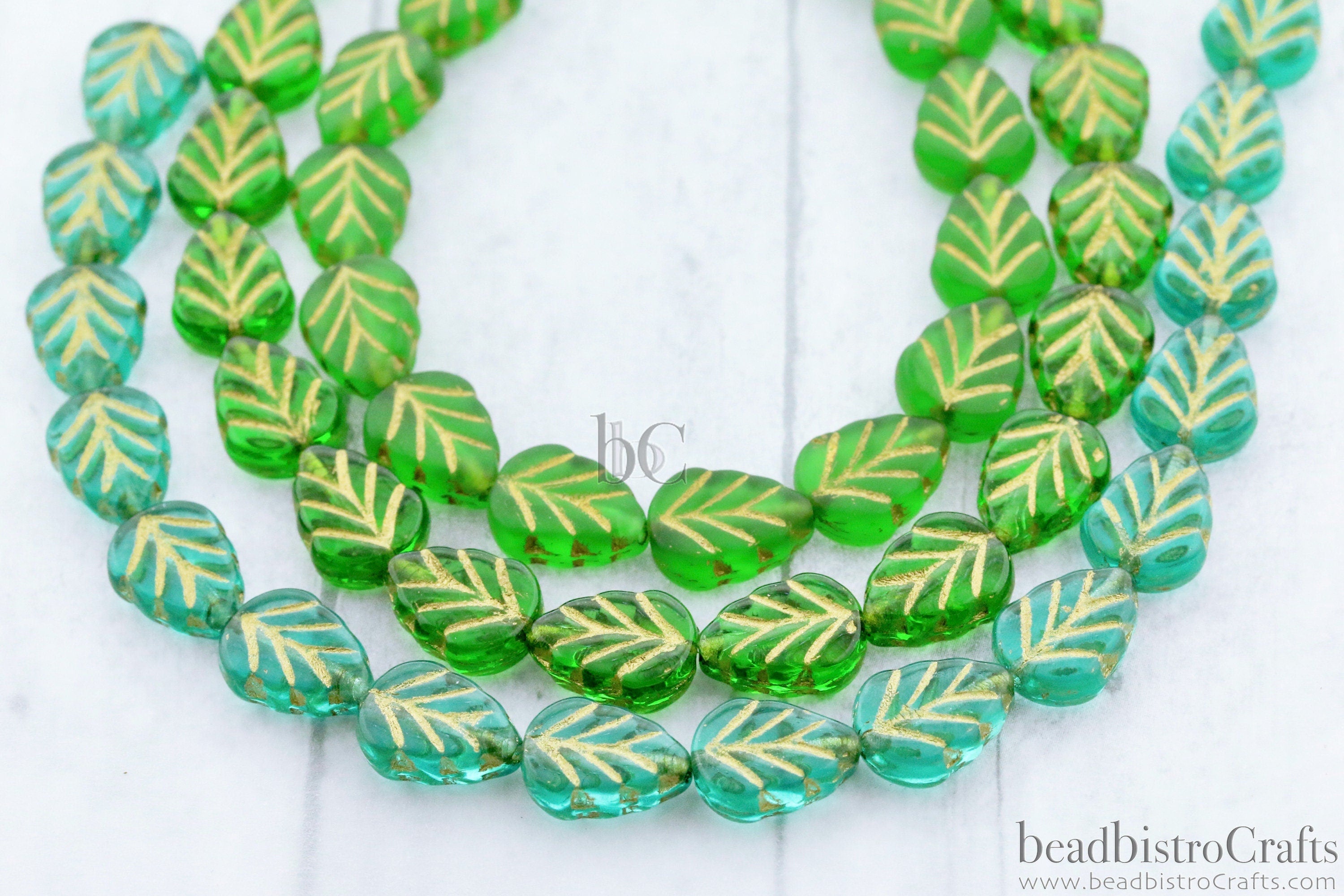 16pcs Leaf beads - Pressed Czech glass Mint Leaves - Transparent Green Colors with GOLD WASH - 10x8mm