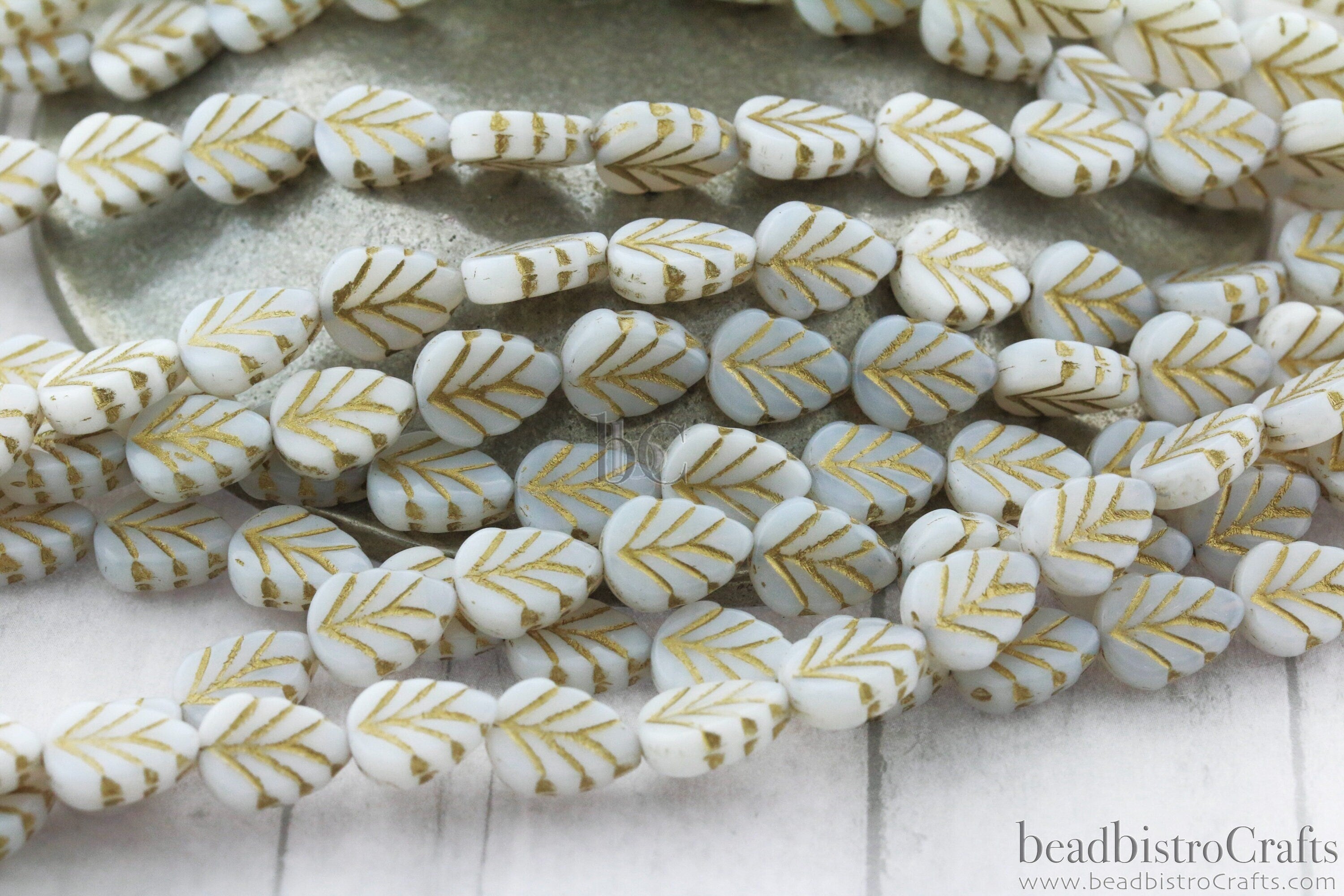 16pcs Leaf beads - Pressed Czech glass Mint Leaves - MILKY Alabaster GOLD Wash - 10x8mm