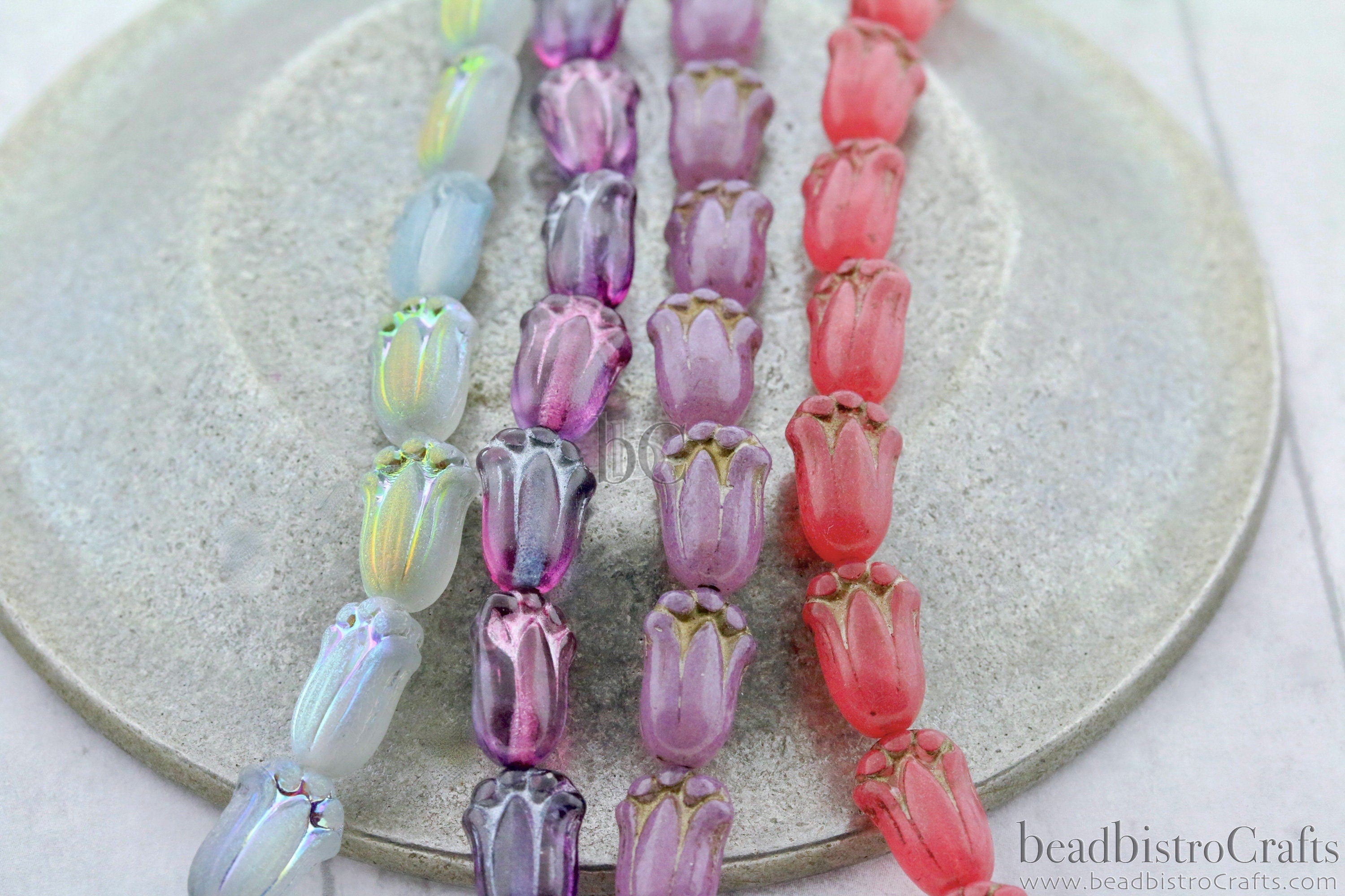 12pcs Czech Tulip Bud Beads - MILKY Ceylon Coated, Crystal BLUE Rainbow Matte, PURPLE Glossy Coat Glass Flower Beads - 12x8mm