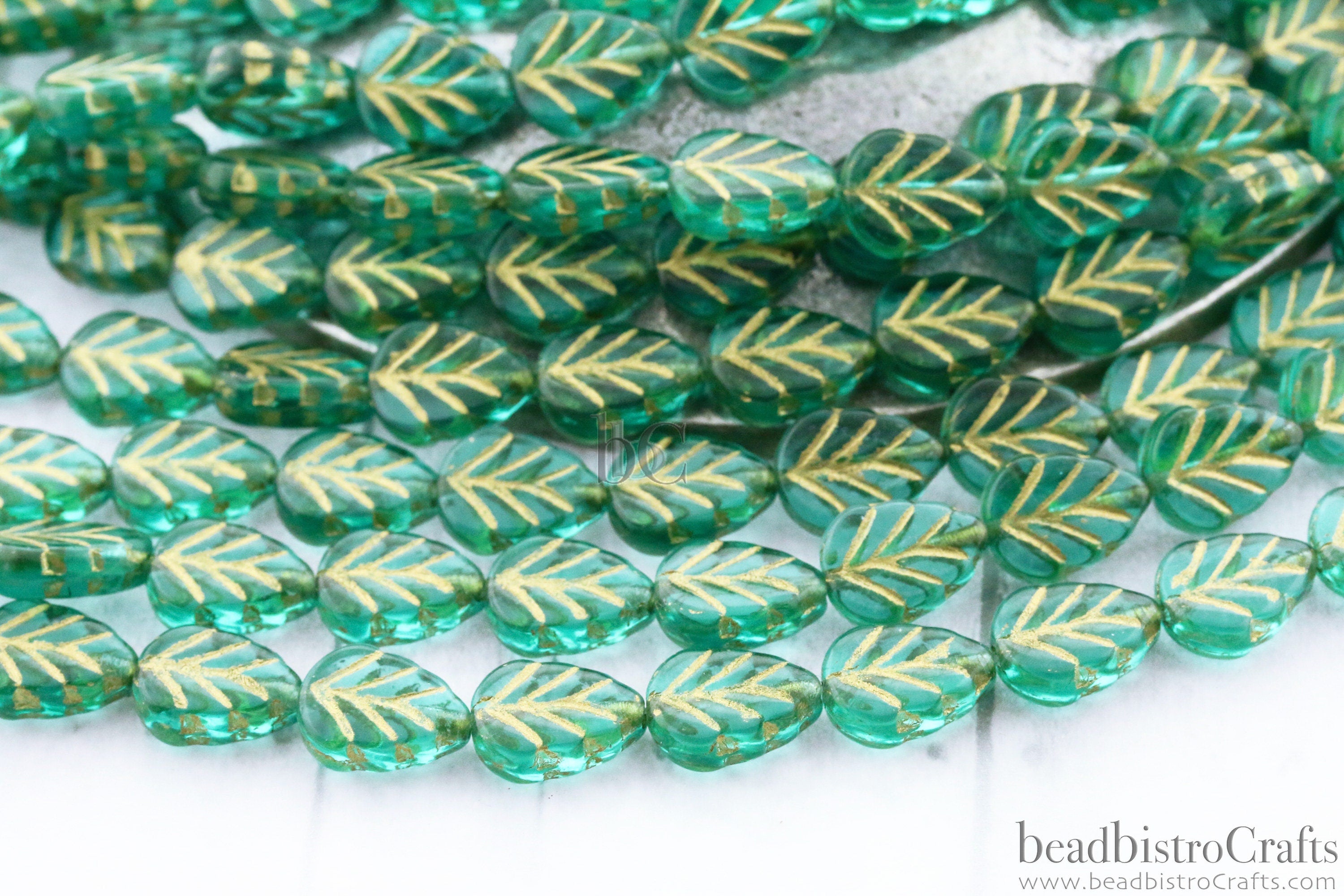 16pcs Leaf beads - Pressed Czech glass Mint Leaves - Transparent Green Colors with GOLD WASH - 10x8mm