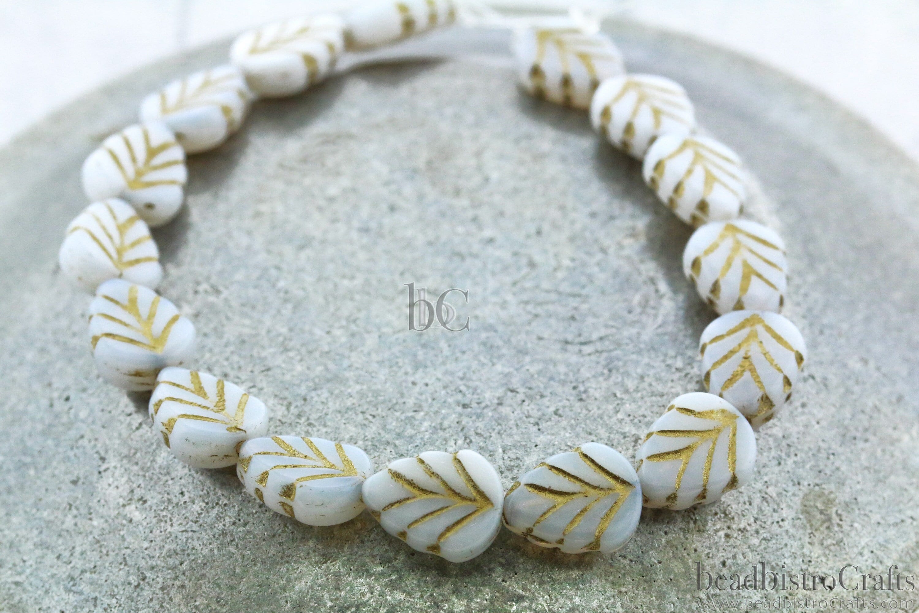 16pcs Leaf beads - Pressed Czech glass Mint Leaves - MILKY Alabaster GOLD Wash - 10x8mm