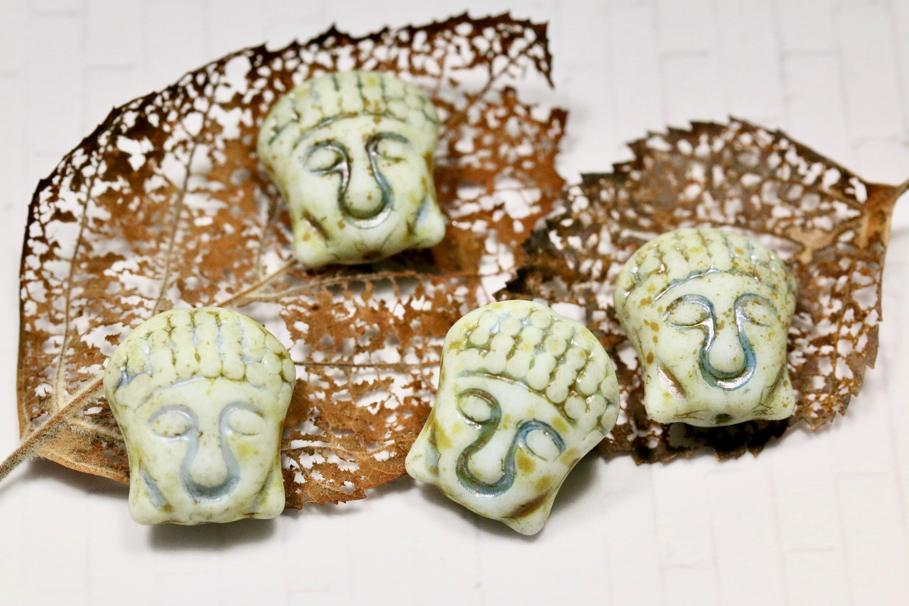 4pcs Buddha Head Glass Beads - Pressed Czech glass with Patina-like surface - MATTE Chalk TRAVERTINE Patina-look - 16x14mm