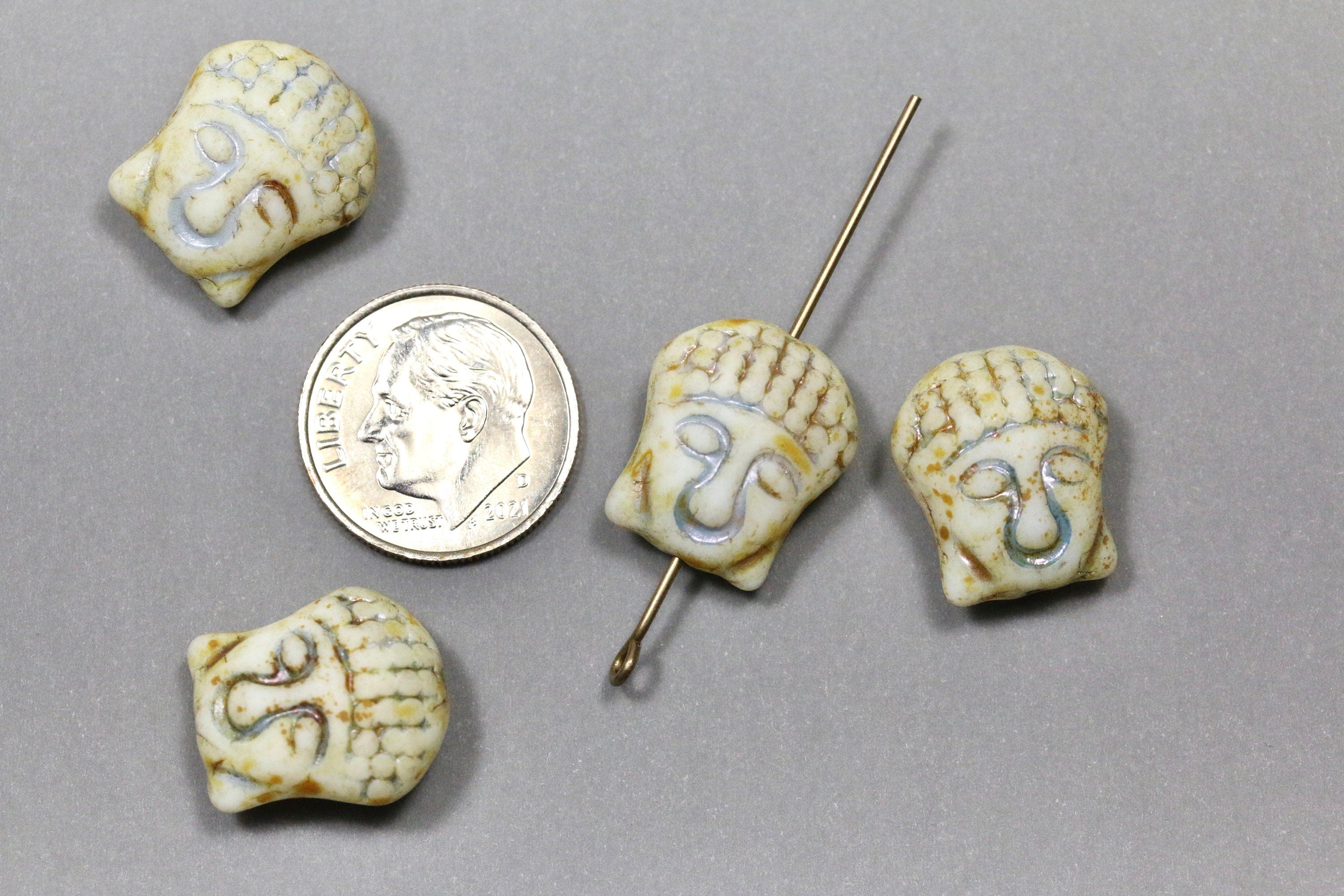 4pcs Buddha Head Glass Beads - Pressed Czech glass with Patina-like surface - MATTE Chalk TRAVERTINE Patina-look - 16x14mm