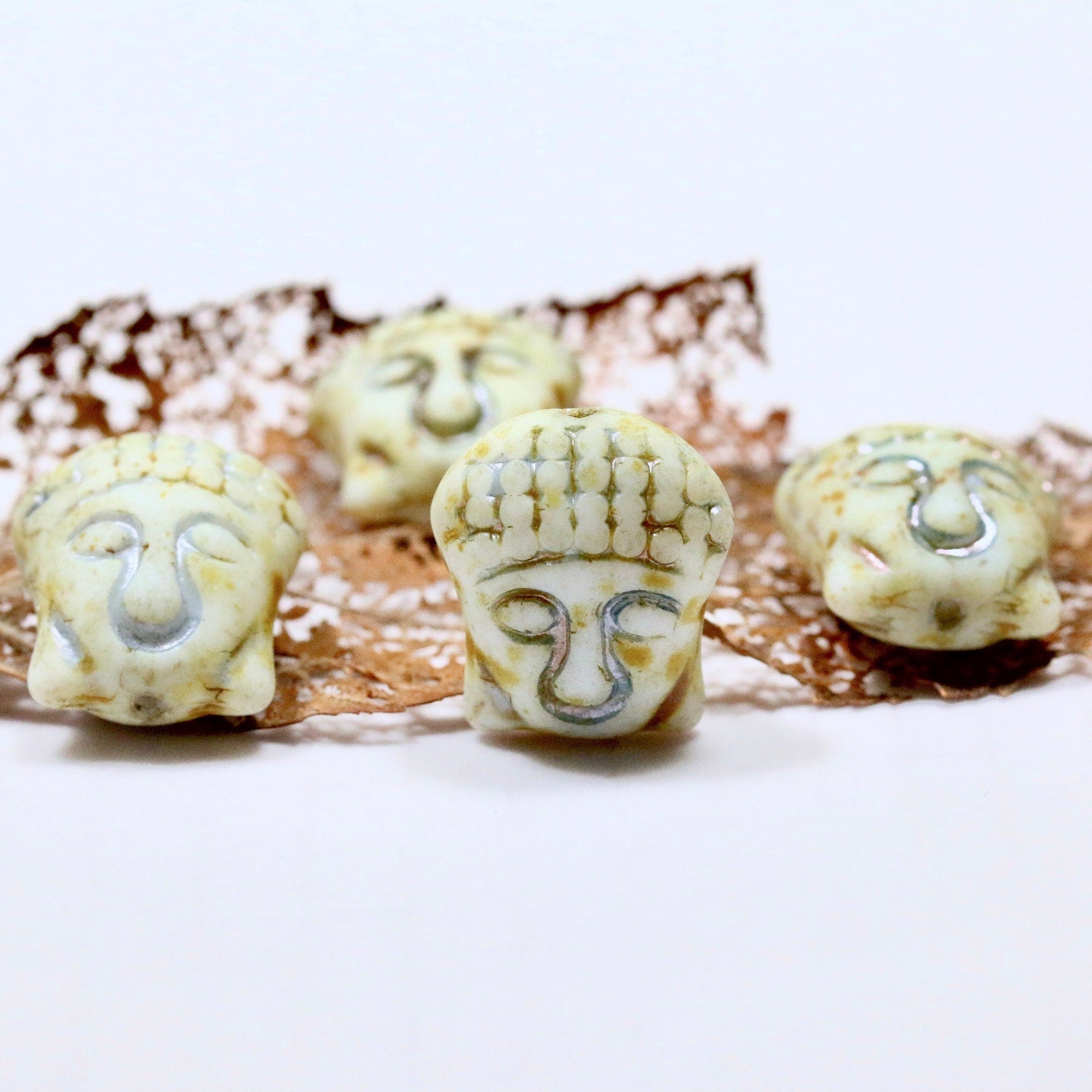 4pcs Buddha Head Glass Beads - Pressed Czech glass with Patina-like surface - MATTE Chalk TRAVERTINE Patina-look - 16x14mm