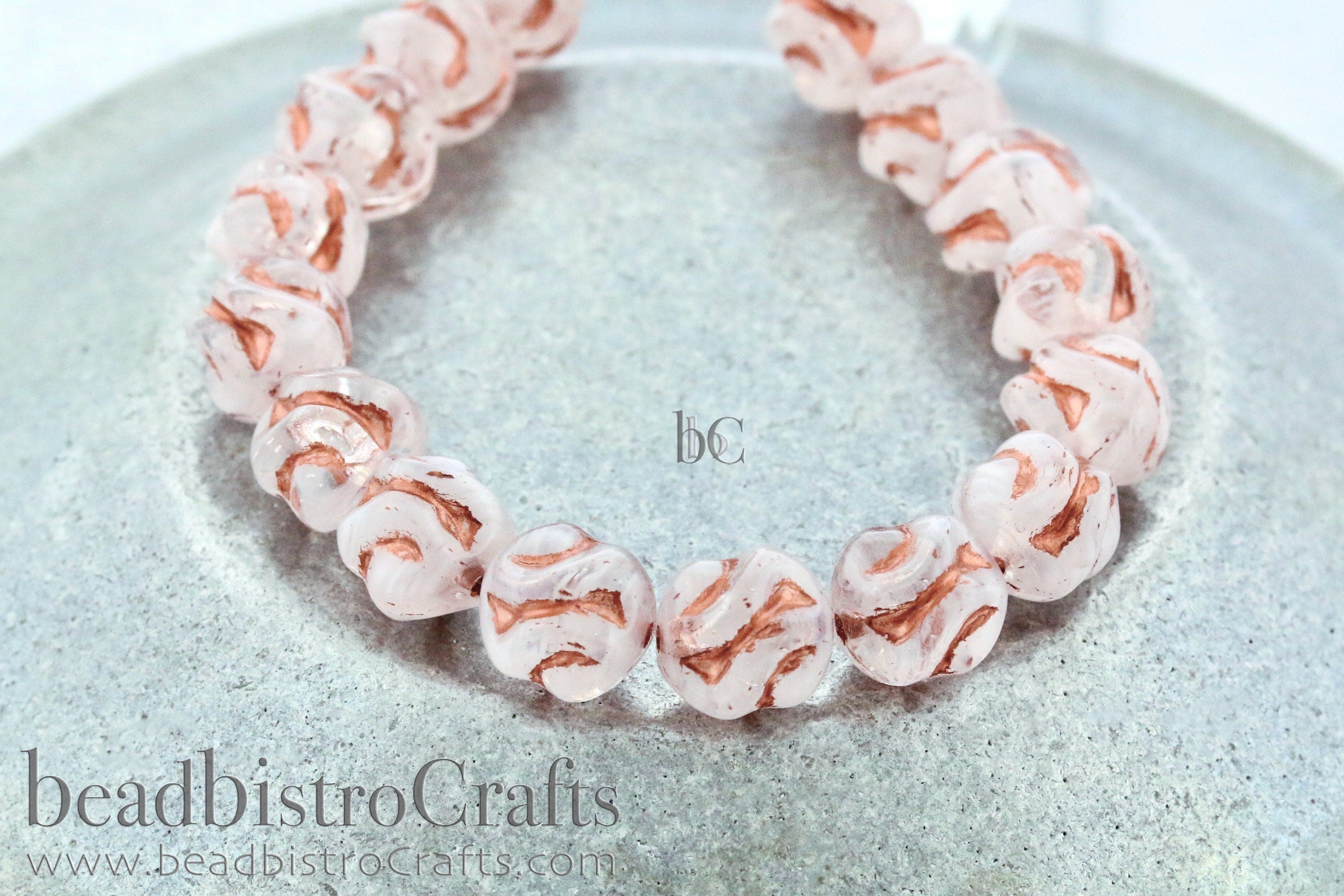 Love Knot Czech Beads - 15pcs Pressed Czech Glass Beads - CLOUDY WHITE with COPPER Wash * 8x8mm