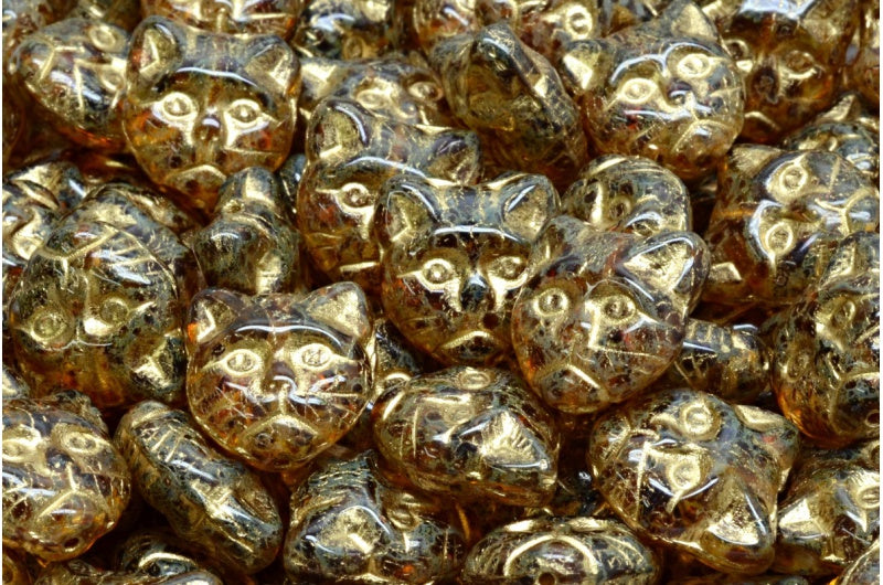 Czech Glass Cat Head Beads 13mm Crystal Travertine Gold Wash (6pcs)