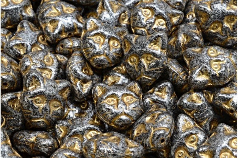 Czech Glass Cat Head Beads 13mm Jet Shimmer Gold Wash (6pcs)