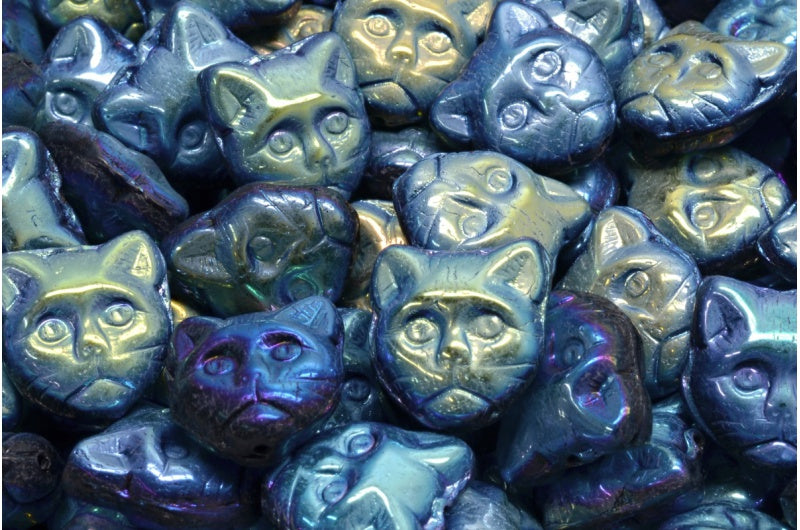 Czech Glass Cat Head Beads 13mm Opaque Jet AB (6pcs)