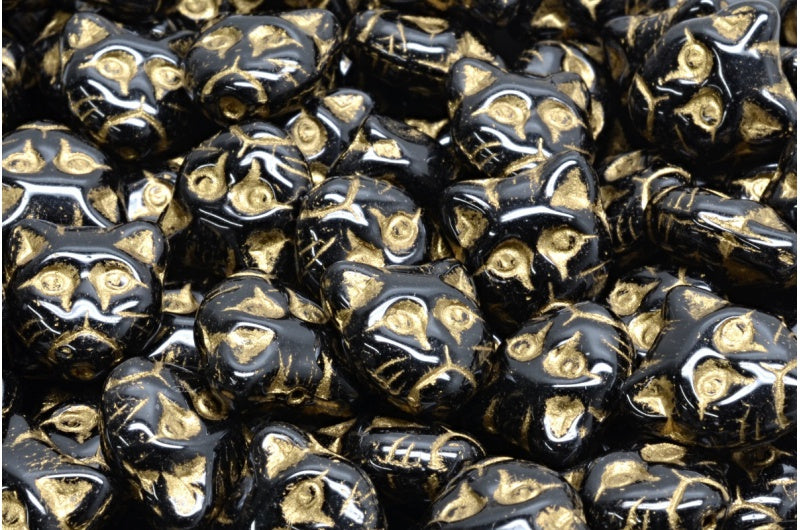 Czech Glass Cat Head Beads 13mm Jet Gold Wash (6pcs)