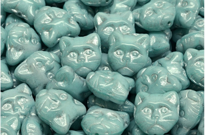 Czech Glass Cat Head Beads 13mm Opaque Pale Turquoise with Silver Wash (6pcs)