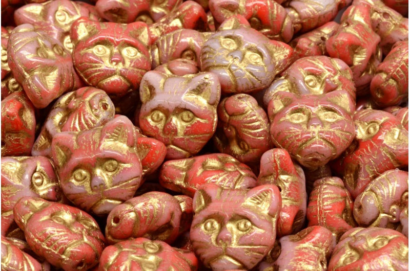 Czech Glass Cat Head Beads 13mm Pink and Red with Gold Wash (6pcs)