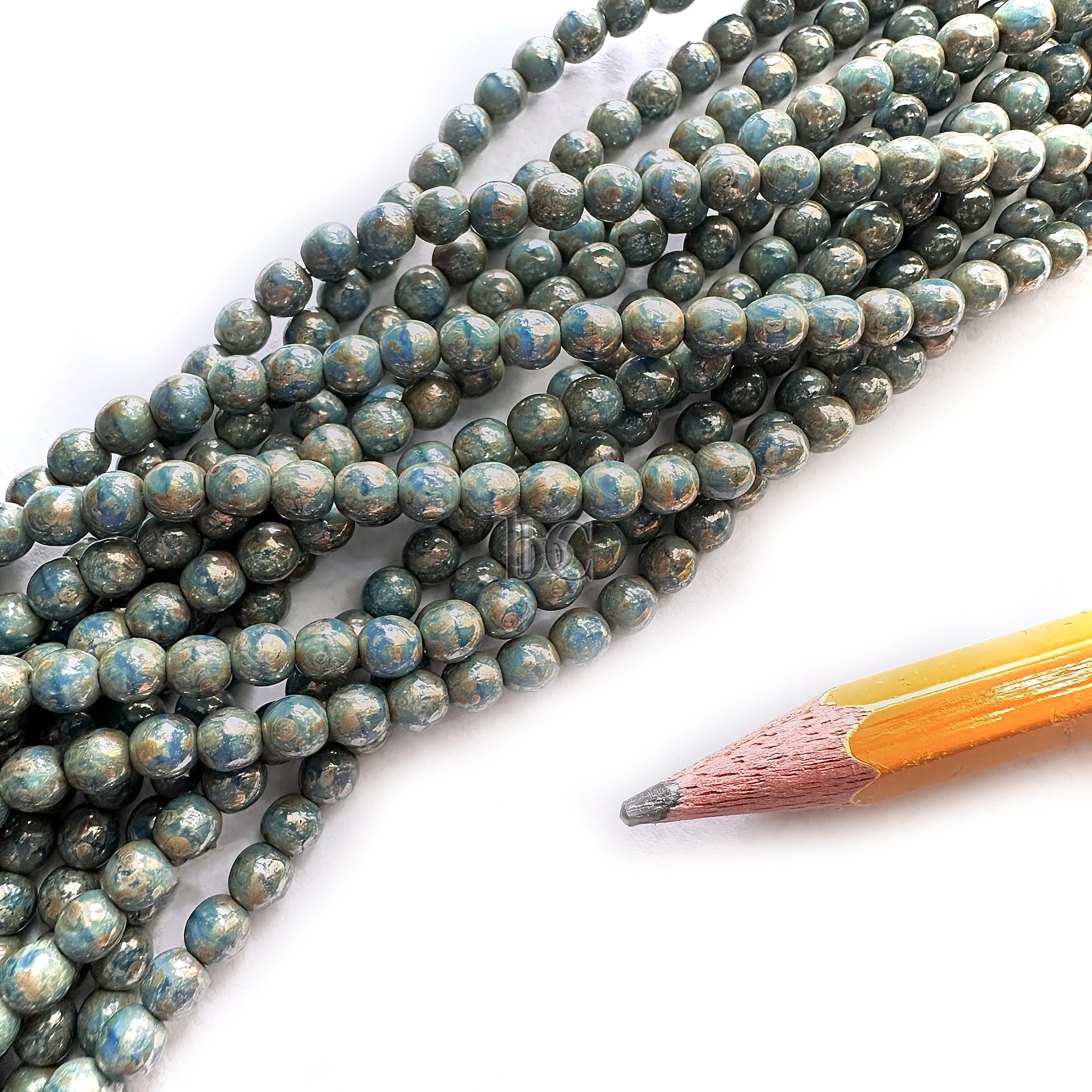 4mm Czech Glass Round Druk Bead Opaque Blue Silver Picasso (50pcs)