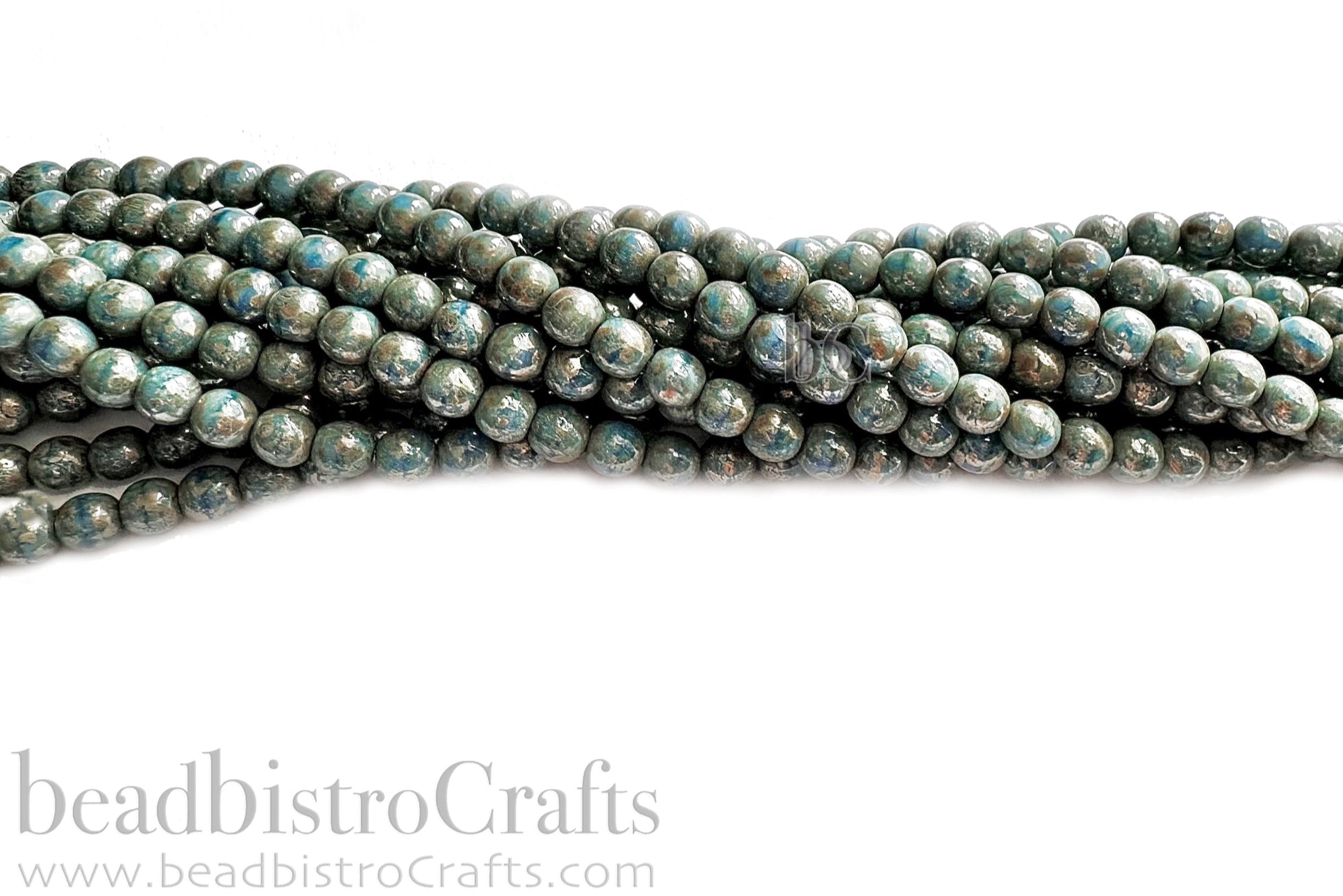 4mm Czech Glass Round Druk Bead Opaque Blue Silver Picasso (50pcs)