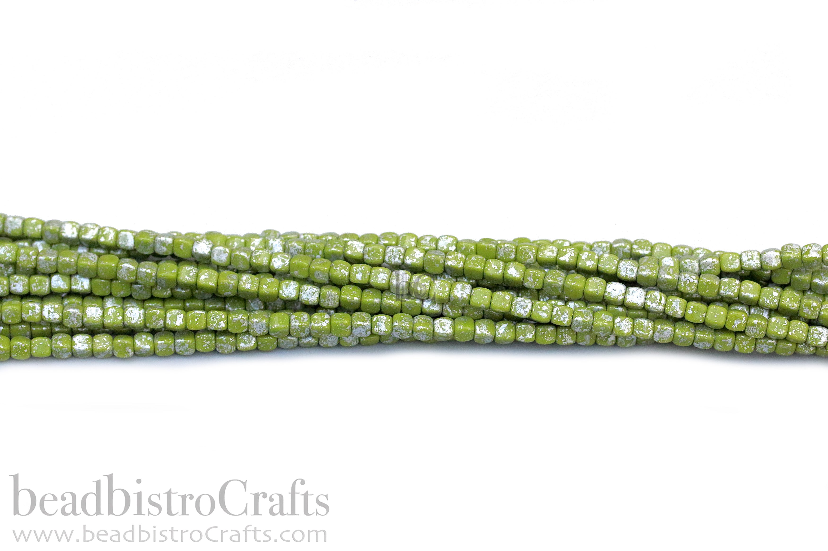 Czech Glass MINI Cube 4x4mm Pressed Glass Bead Opaque Olive Silver Splash (50pc)