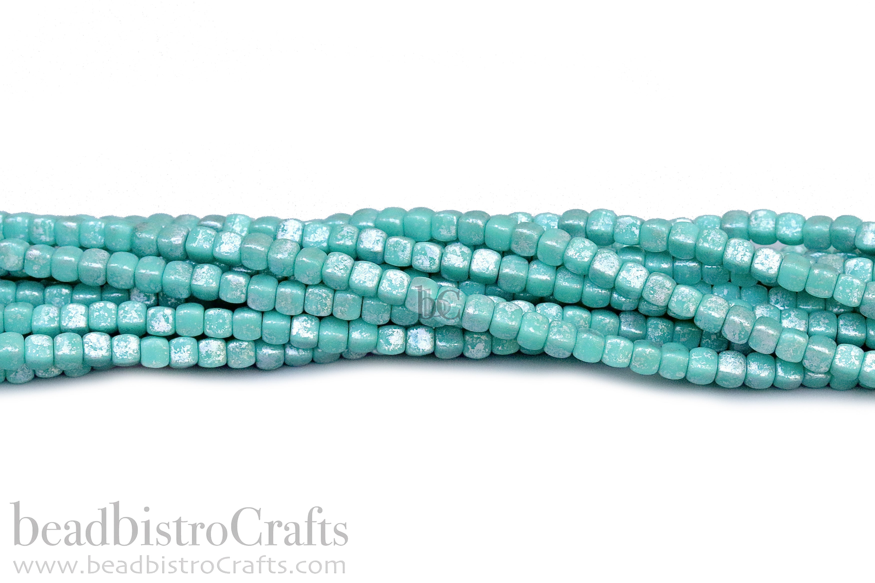 Czech Glass MINI Cube 4x4mm Pressed Glass Bead Opaque Turquoise Silver Splash (50pc)