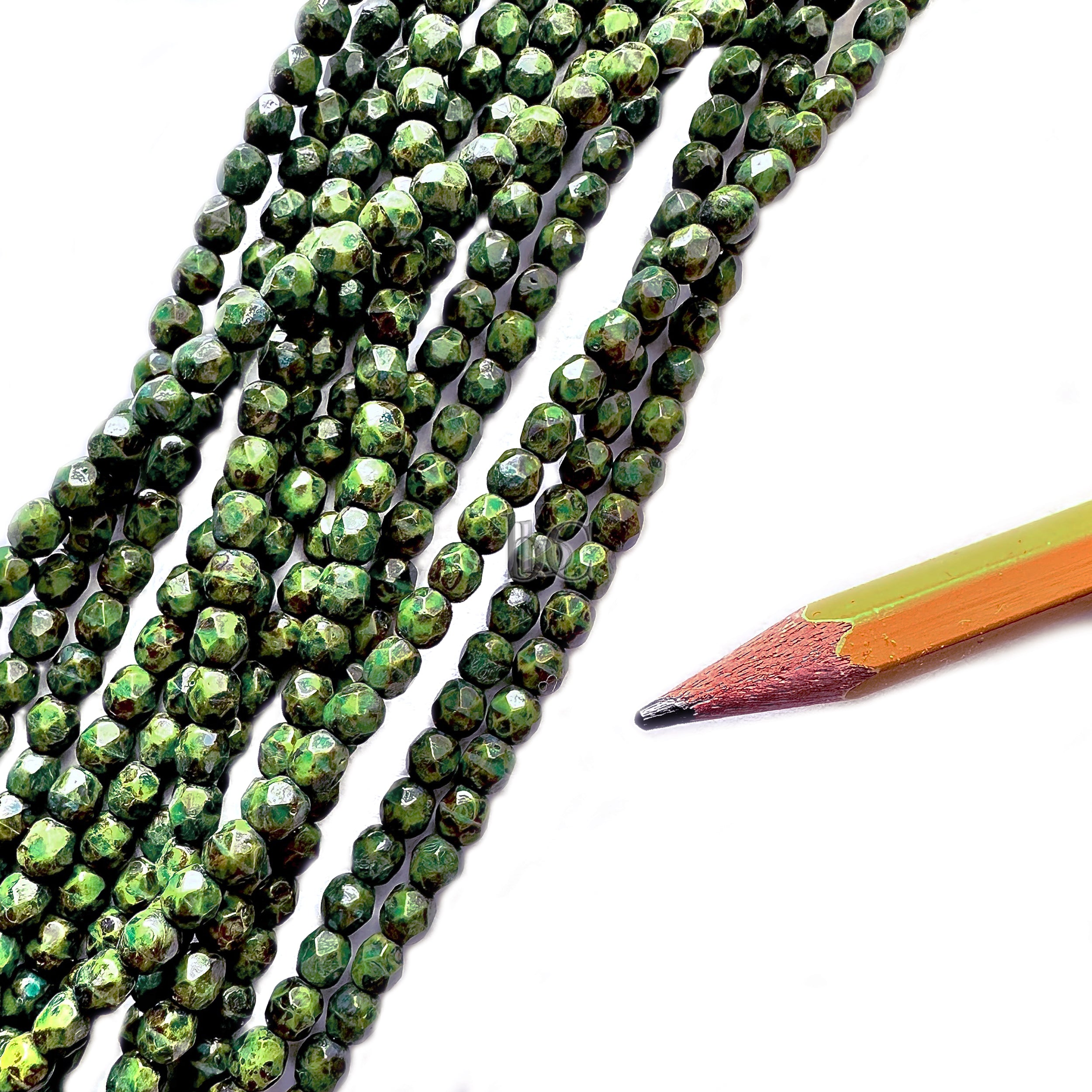 Opaque Olive Travertine Green, 4mm Round Fire Polish Beads (50pcs)
