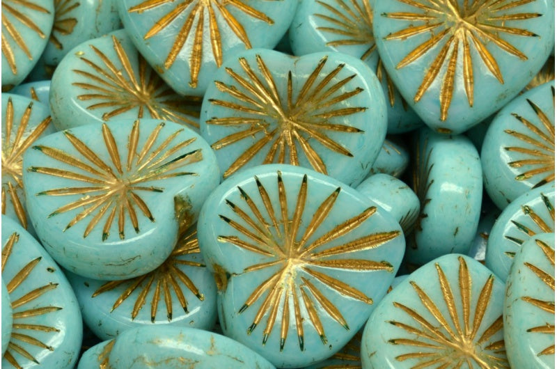 Czech Glass Starburst Heart Beads 18mm Alabaster Pale Mint with Metallic Gold Wash (2 or 4pcs)