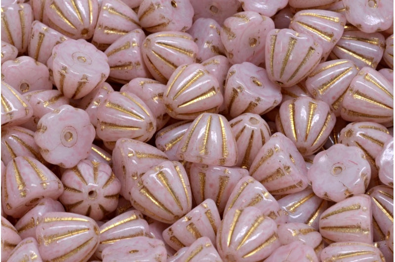 Czech Glass Beads Flower Cupola Beads 7x9mm Alabaster Pale Pink Coat Metallic Gold Wash (15pcs)