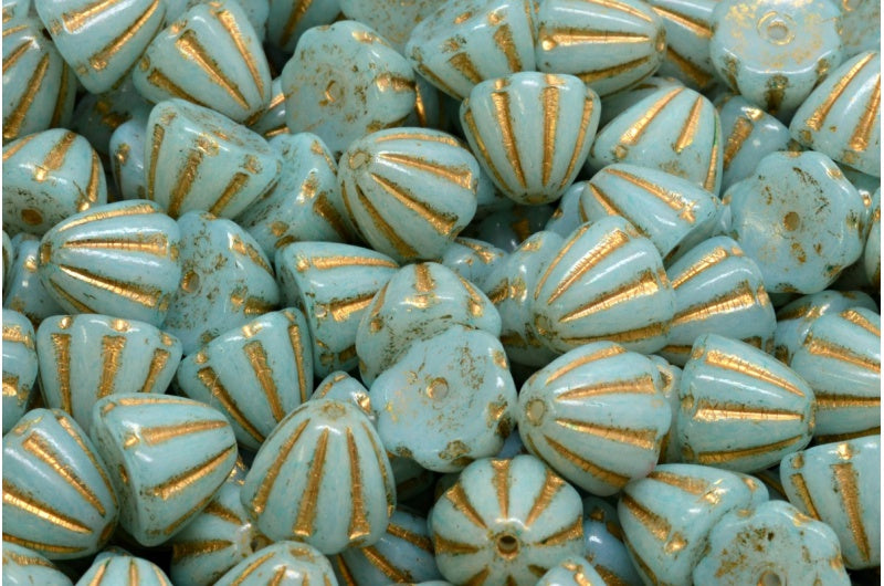 Czech Glass Beads Flower Cupola Beads 7x9mm Alabaster Pale Mint Coat Metallic Gold Wash (15pcs)