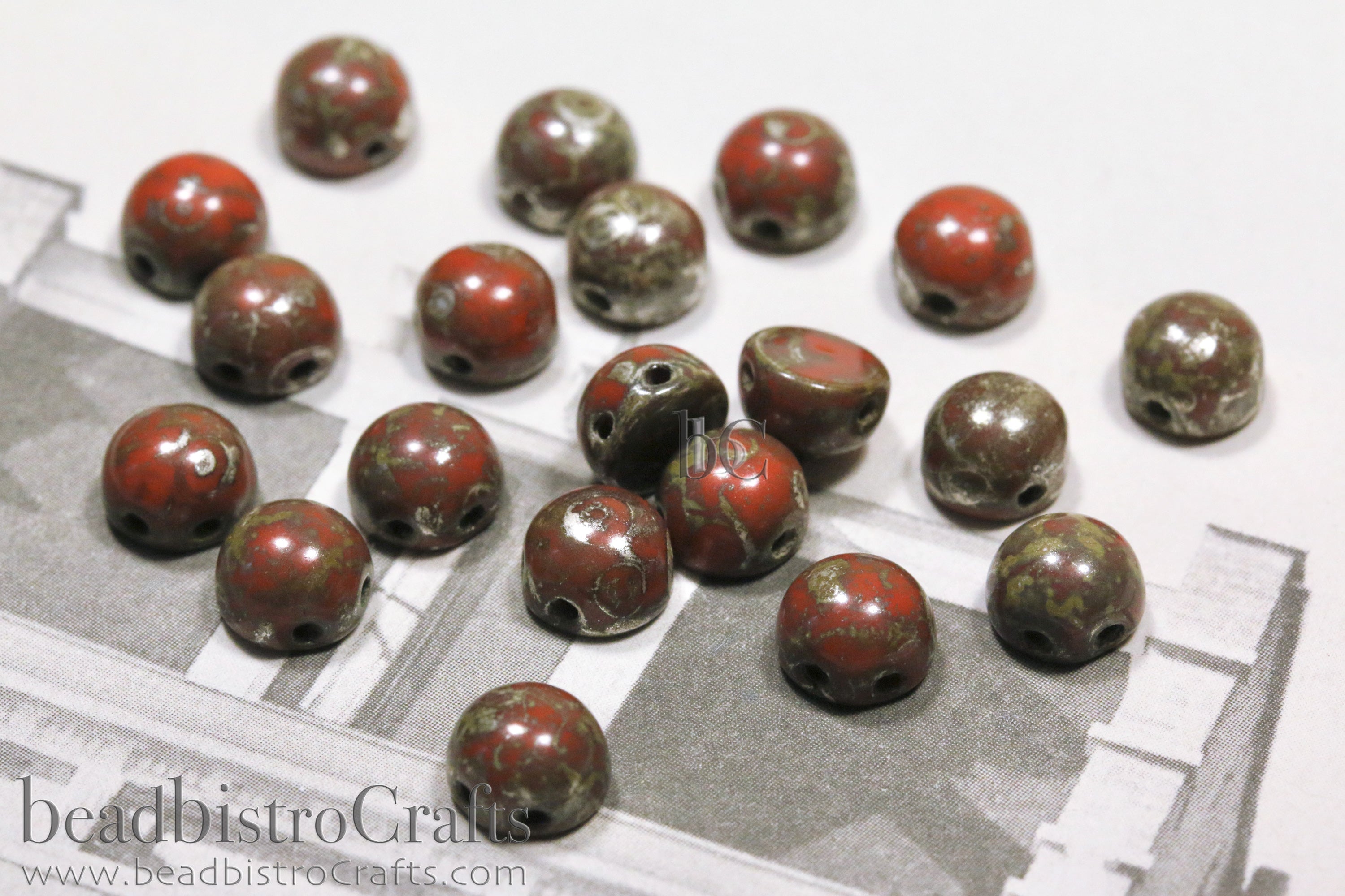 2-hole Cabochon Bead 6mm Opaque Red NEW Picasso Czech Glass Beads 20pcs