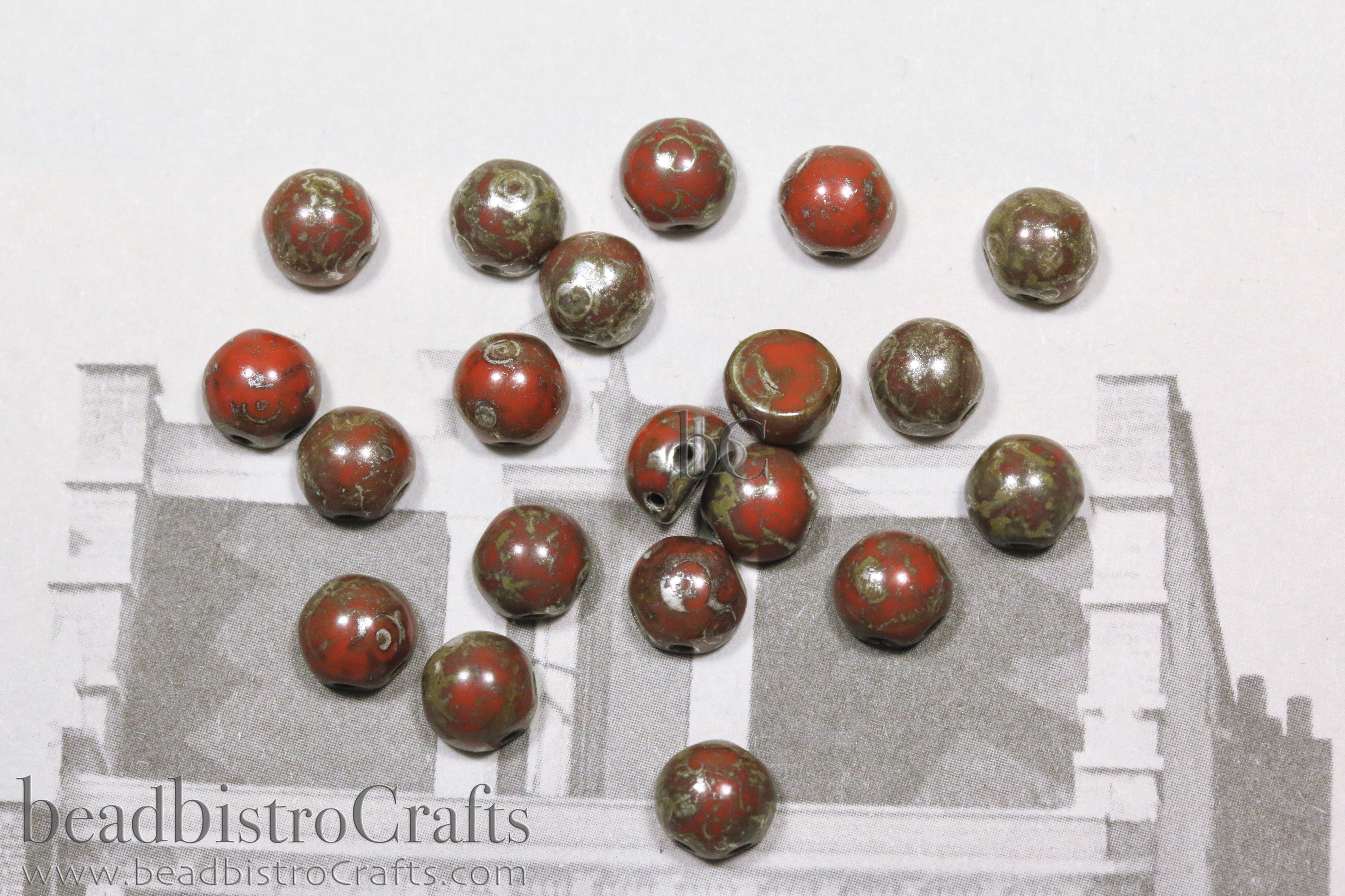 2-hole Cabochon Bead 6mm Opaque Red NEW Picasso Czech Glass Beads 20pcs