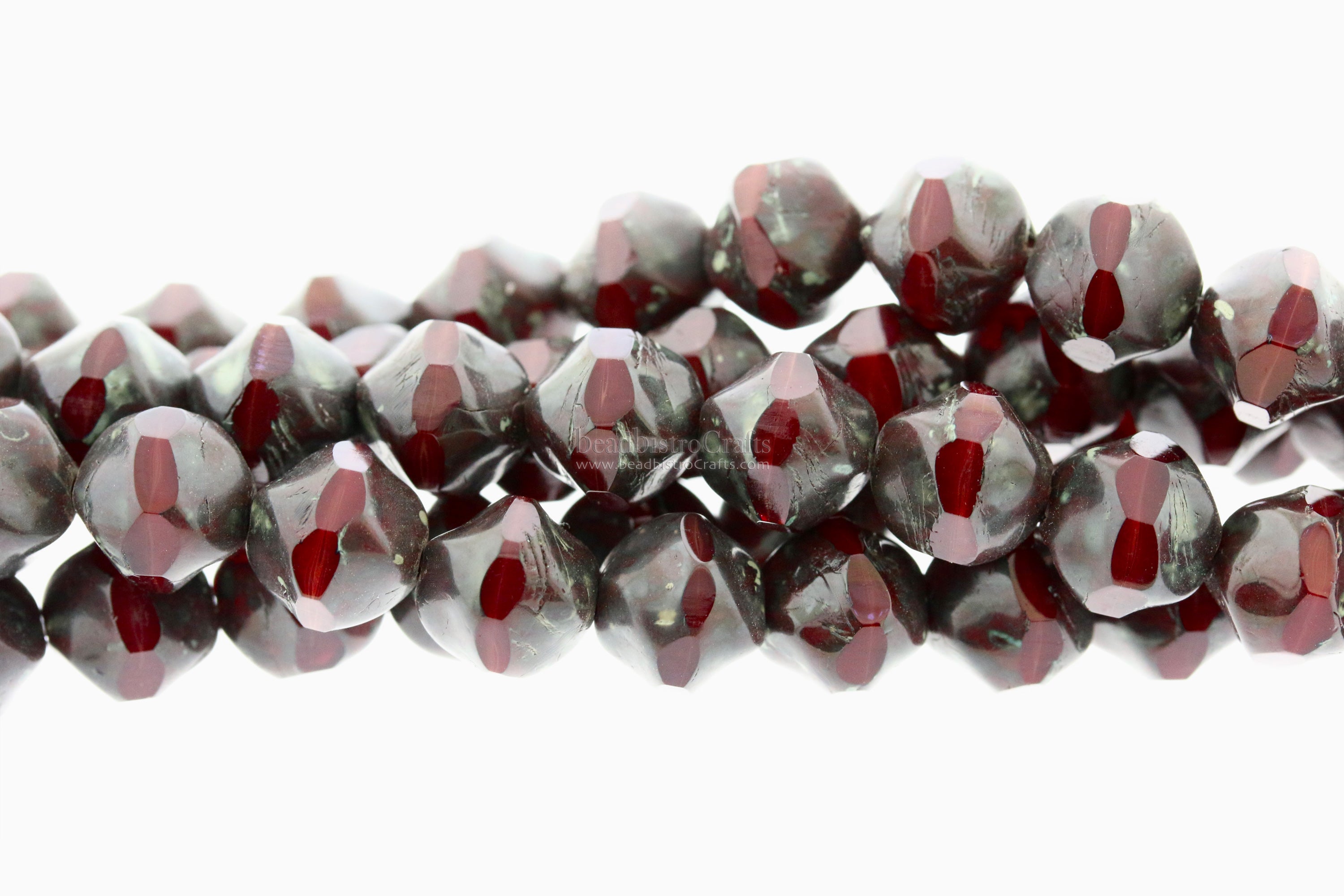 Central Cut Bead 9x10mm Deep Merlot Red Opal with Brown Travertine Facetted Czech Glass Beads