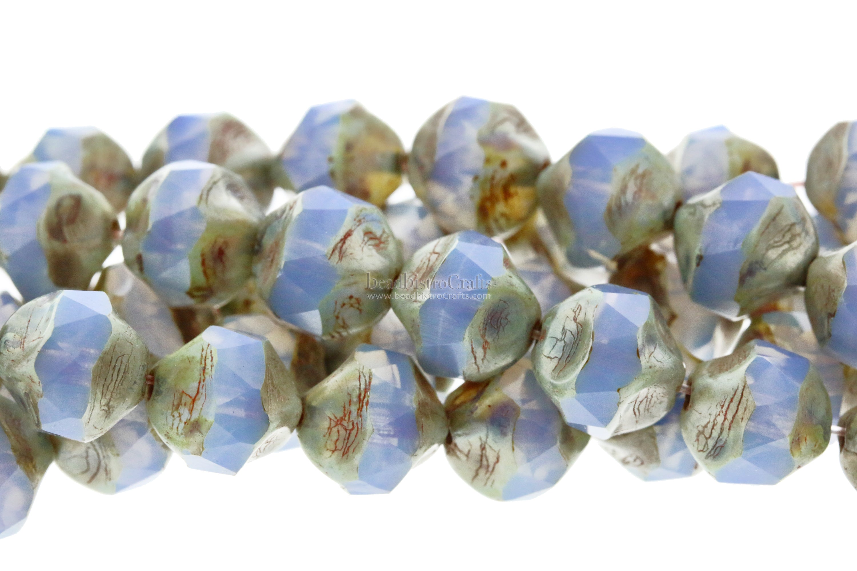 Central Cut Bead 8x9mm Milky Light Blue Opal with Green Travertine Facetted Czech Glass Beads