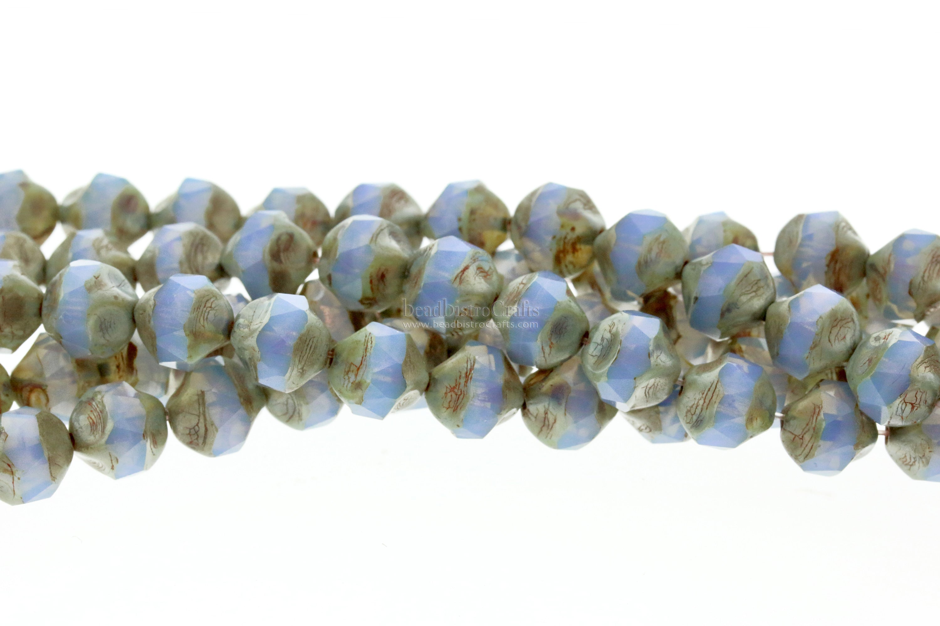 Central Cut Bead 8x9mm Milky Light Blue Opal with Green Travertine Facetted Czech Glass Beads