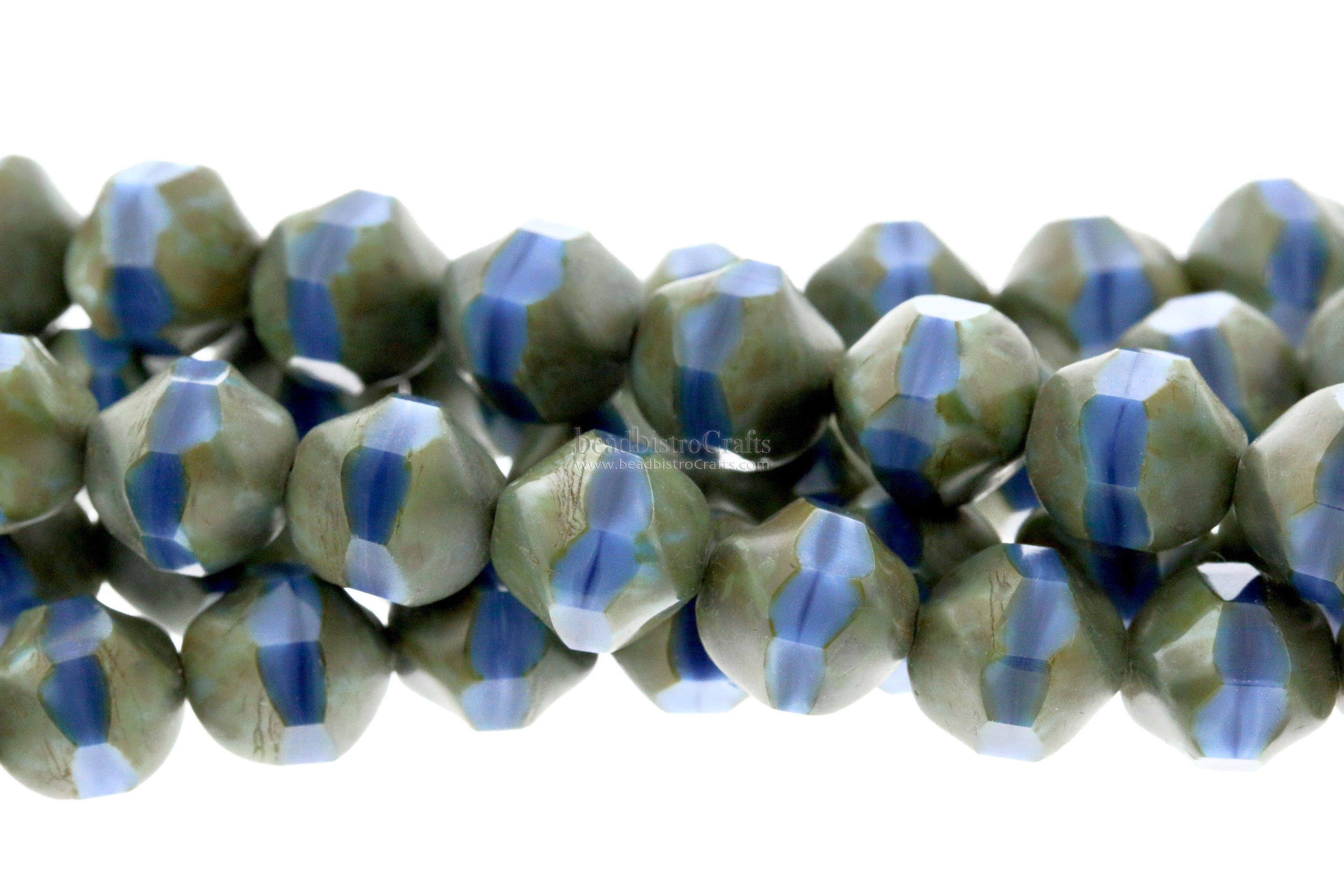 Central Cut Bead 8x9mm Silky Blue Denim with Green Travertine Facetted Czech Glass Beads