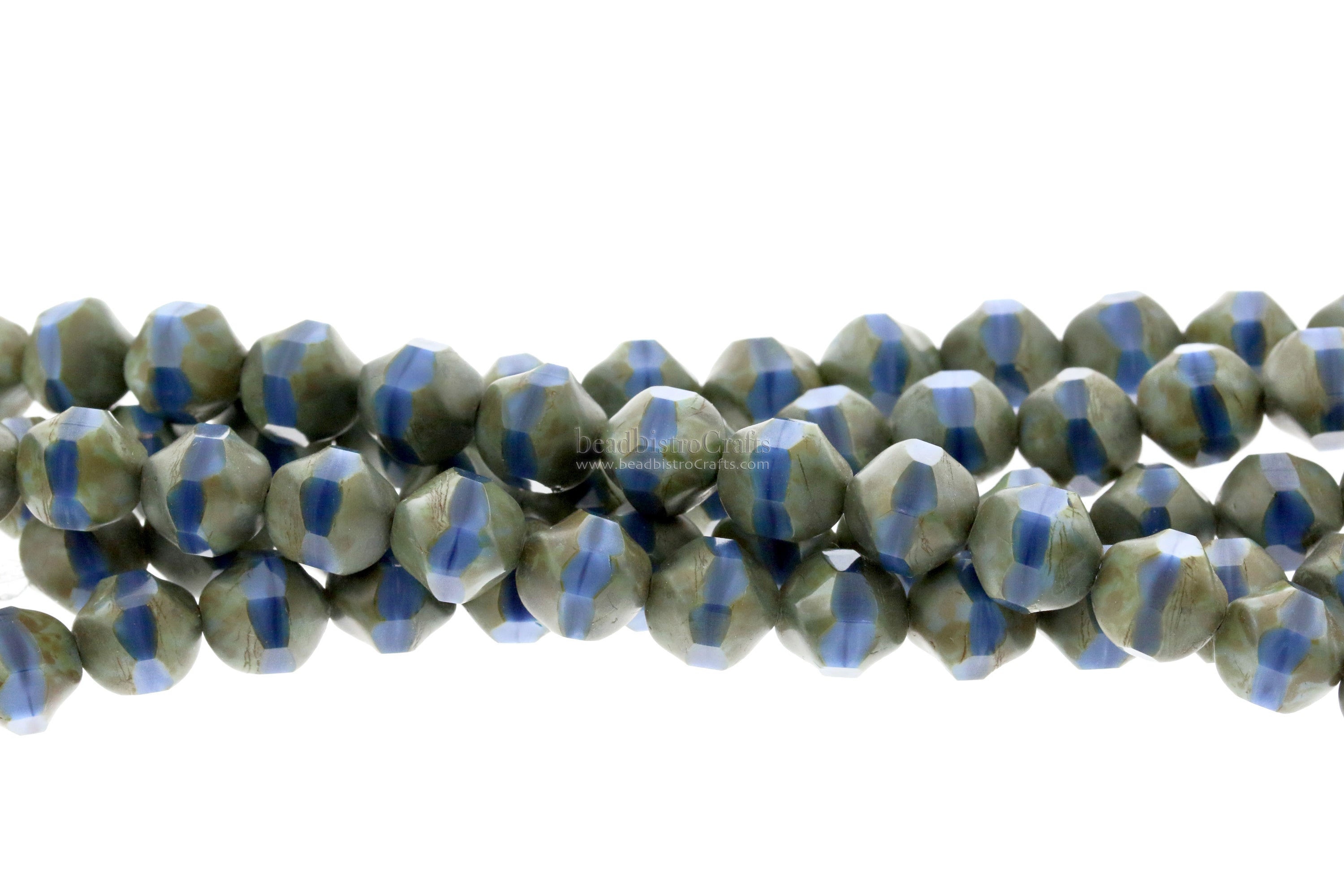 Central Cut Bead 8x9mm Silky Blue Denim with Green Travertine Facetted Czech Glass Beads