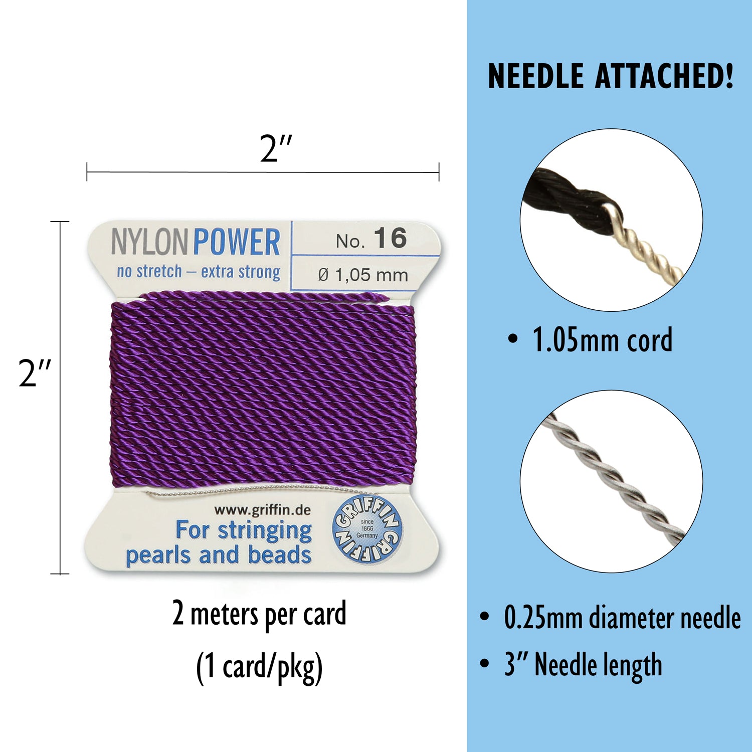 Griffin Nylon Power CORD No. 16 - Perlseide Bead Cord with attached Stainless Steel twisted wire needle