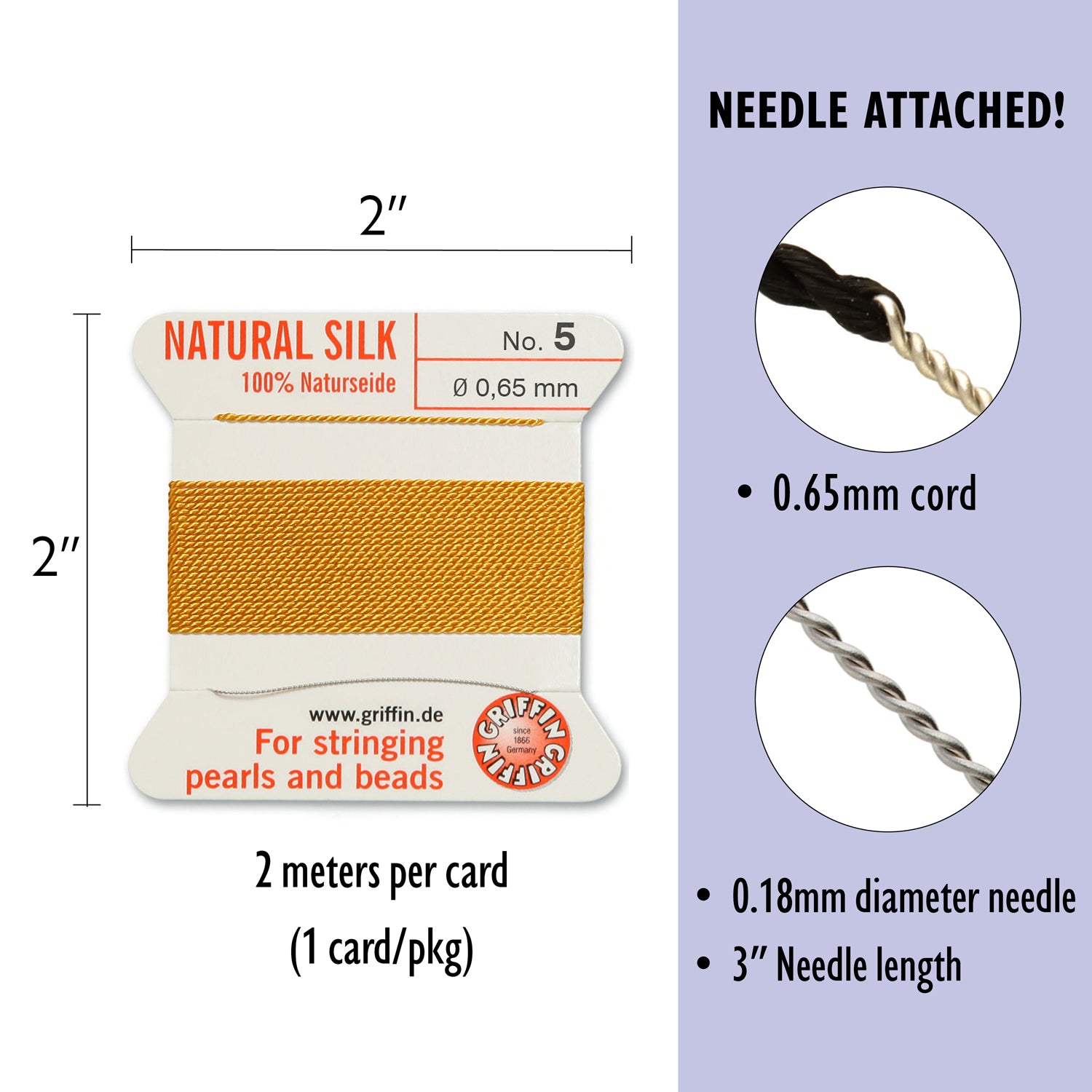 Griffin Silk CORD No. 5 - Naturseide Natural Silk Bead Cord with attached Stainless Steel twisted wire needle