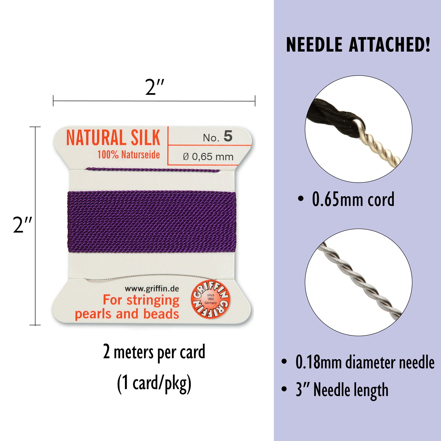 Griffin Silk CORD No. 5 - Naturseide Natural Silk Bead Cord with attached Stainless Steel twisted wire needle