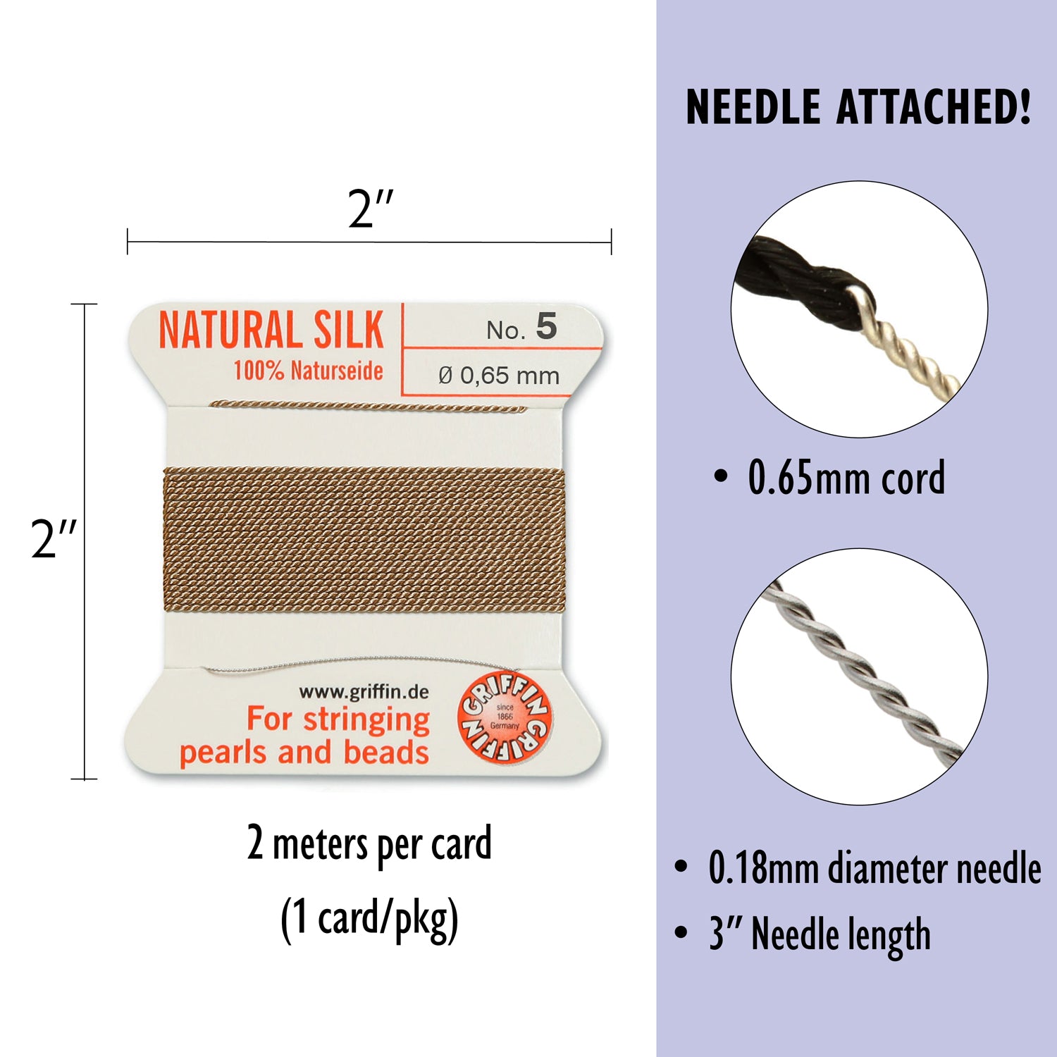 Griffin Silk CORD No. 5 - Naturseide Natural Silk Bead Cord with attached Stainless Steel twisted wire needle