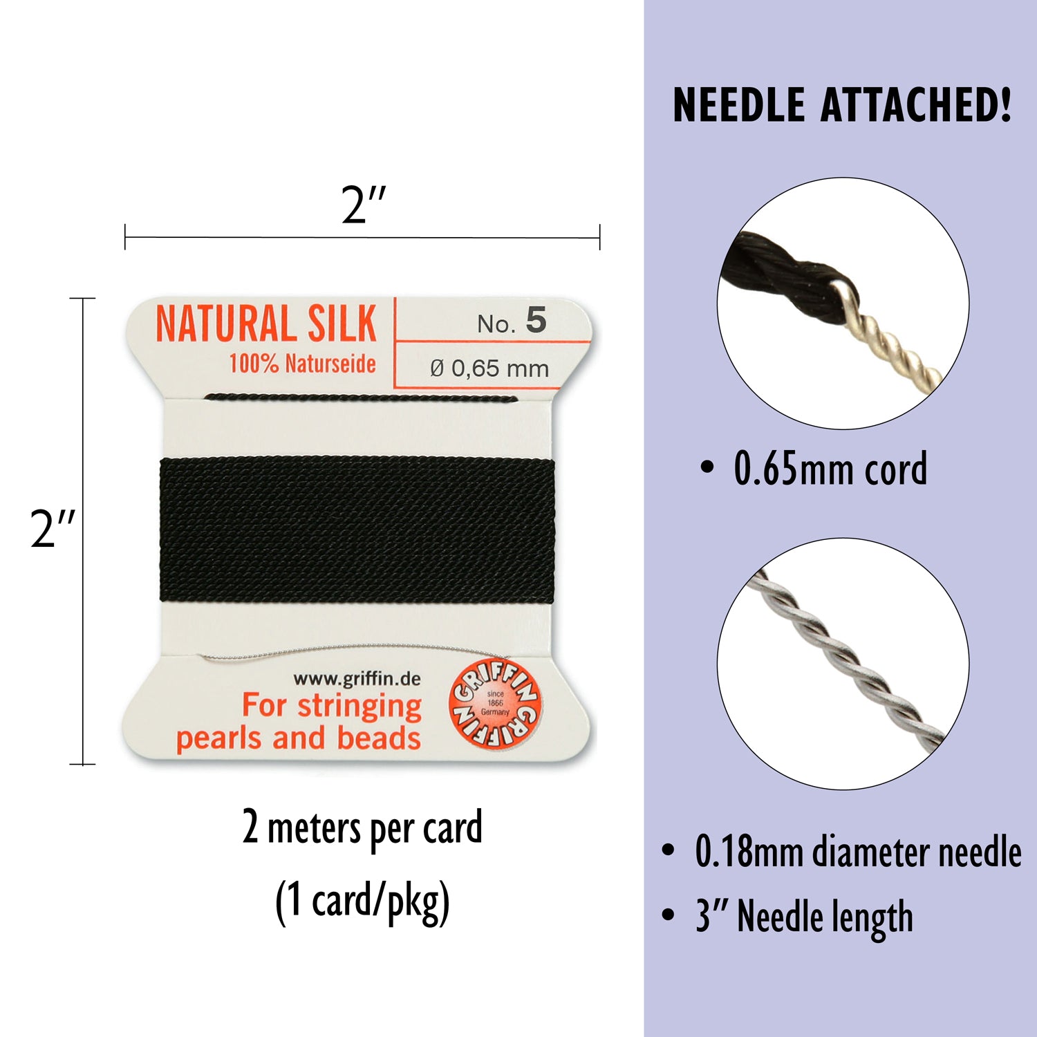 Griffin Silk CORD No. 5 - Naturseide Natural Silk Bead Cord with attached Stainless Steel twisted wire needle