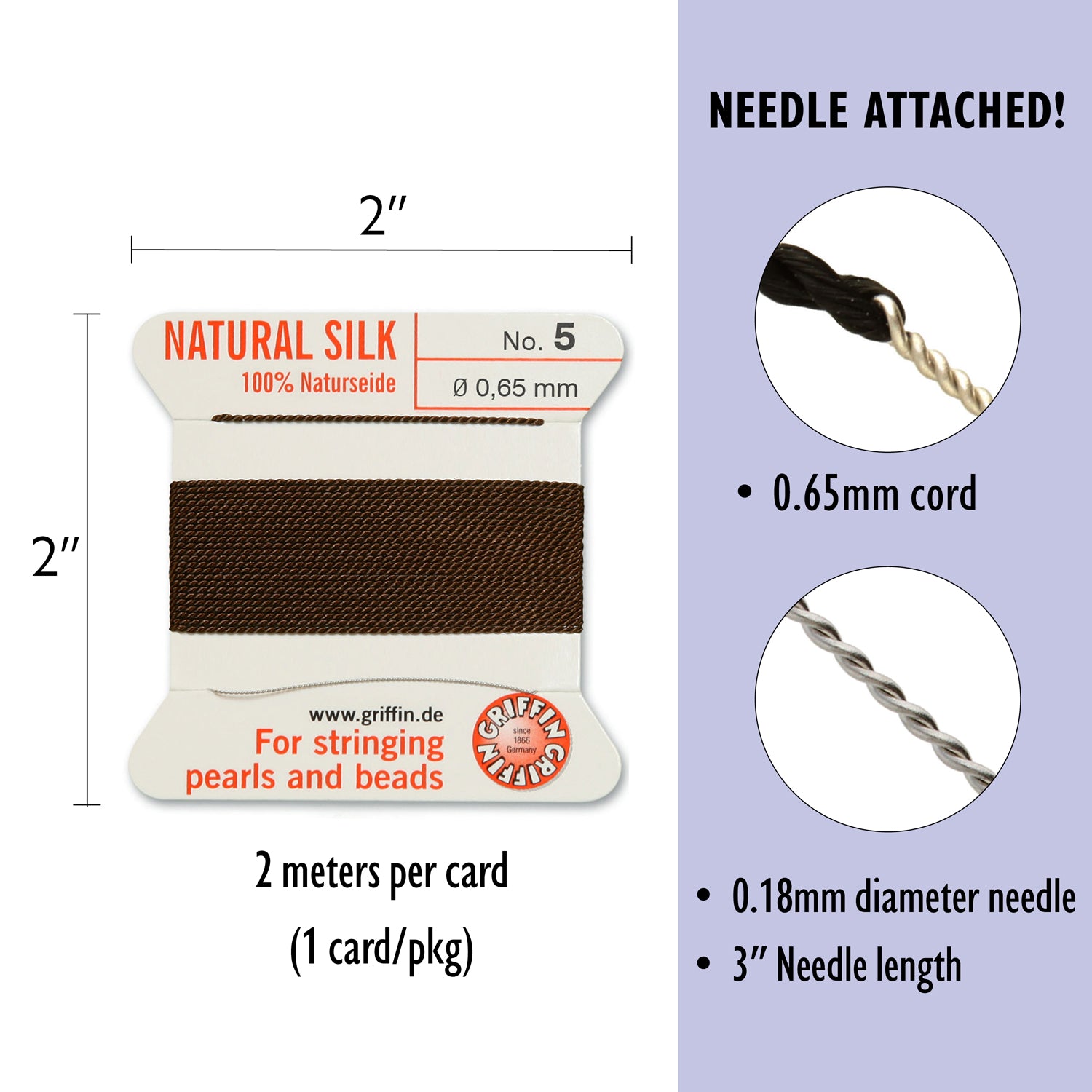 Griffin Silk CORD No. 5 - Naturseide Natural Silk Bead Cord with attached Stainless Steel twisted wire needle