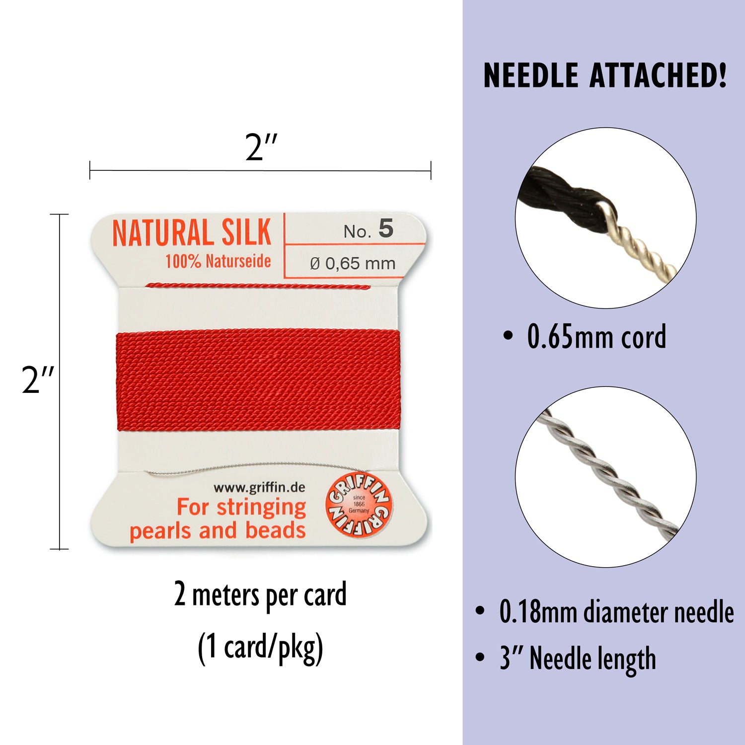 Griffin Silk CORD No. 5 - Naturseide Natural Silk Bead Cord with attached Stainless Steel twisted wire needle