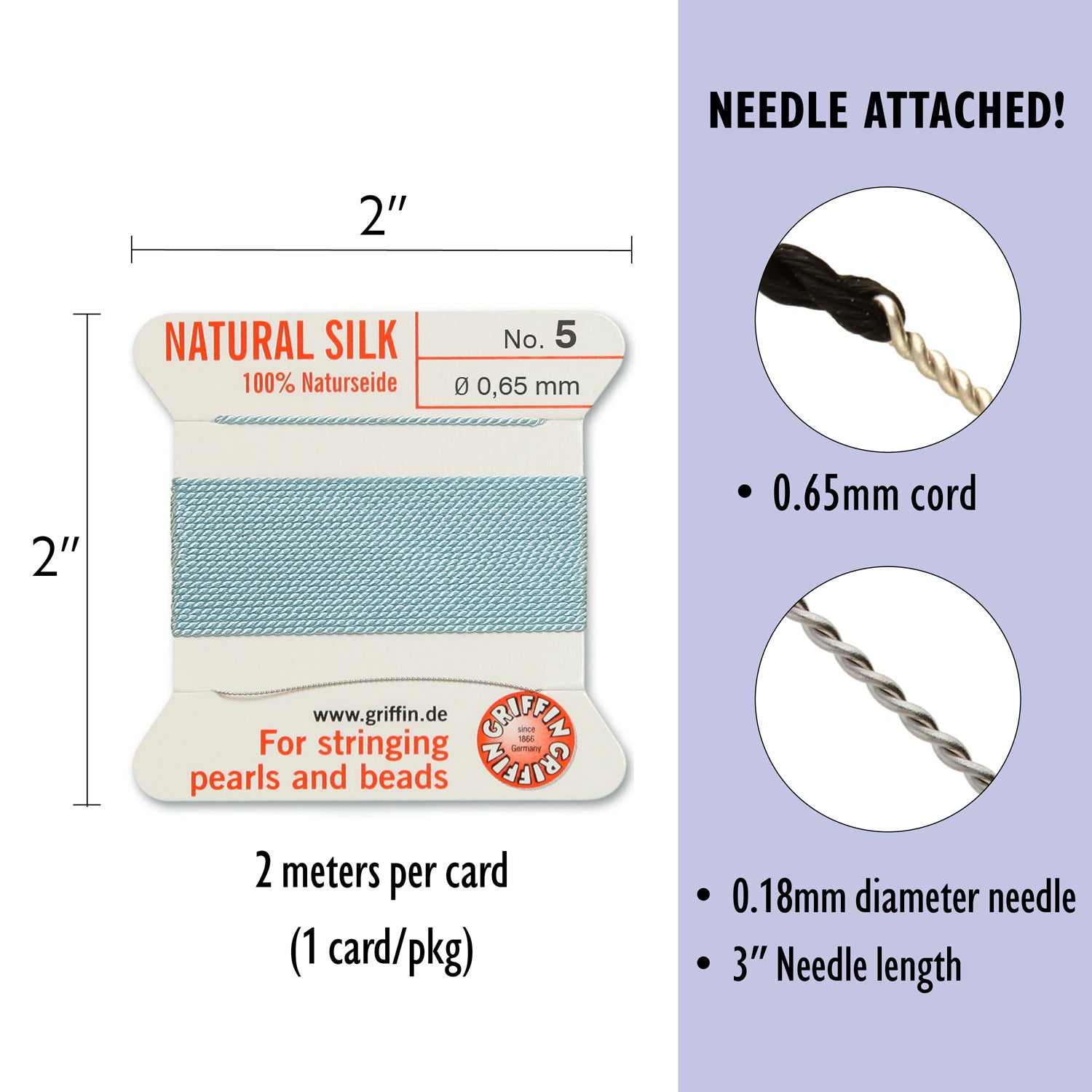 Griffin Silk CORD No. 5 - Naturseide Natural Silk Bead Cord with attached Stainless Steel twisted wire needle