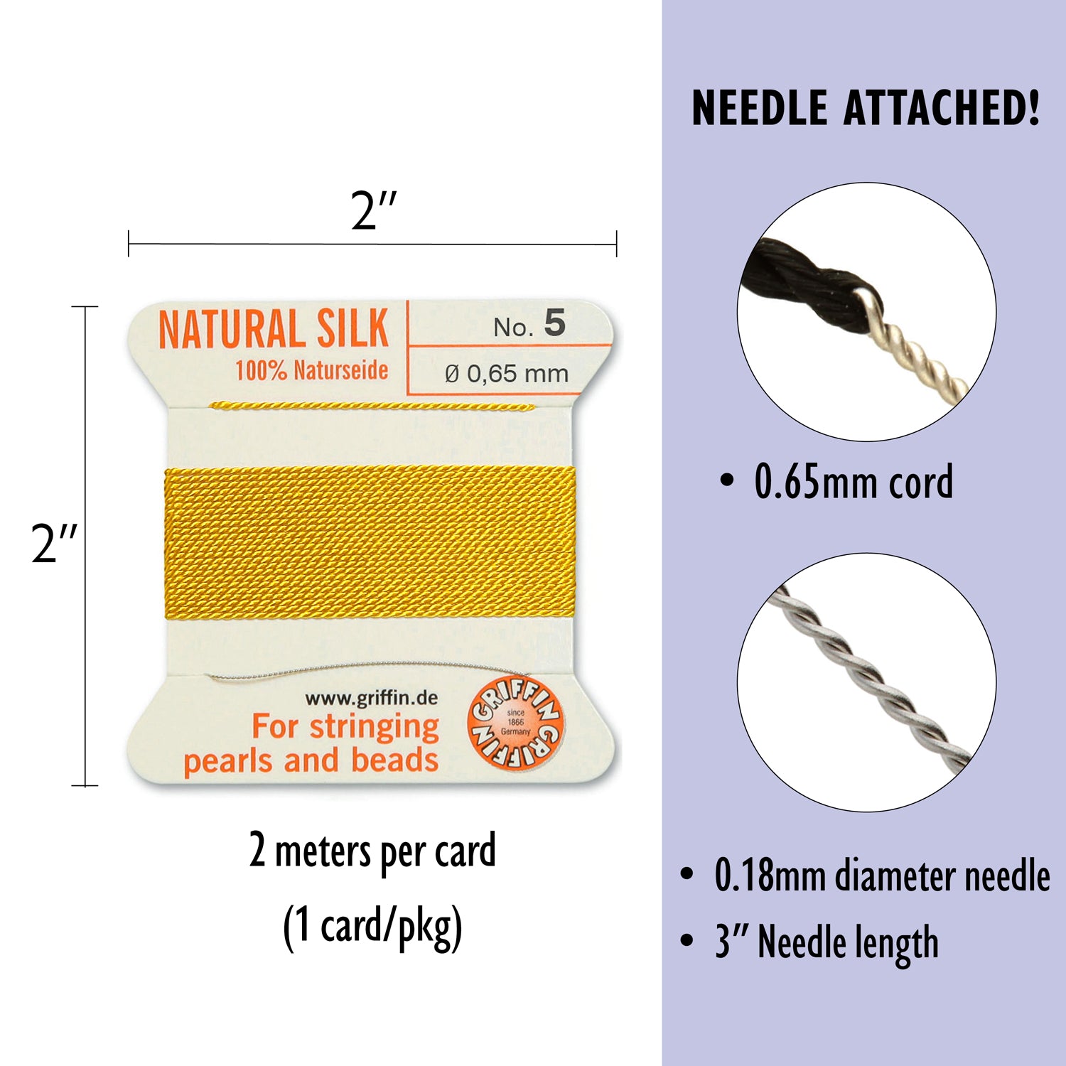 Griffin Silk CORD No. 5 - Naturseide Natural Silk Bead Cord with attached Stainless Steel twisted wire needle